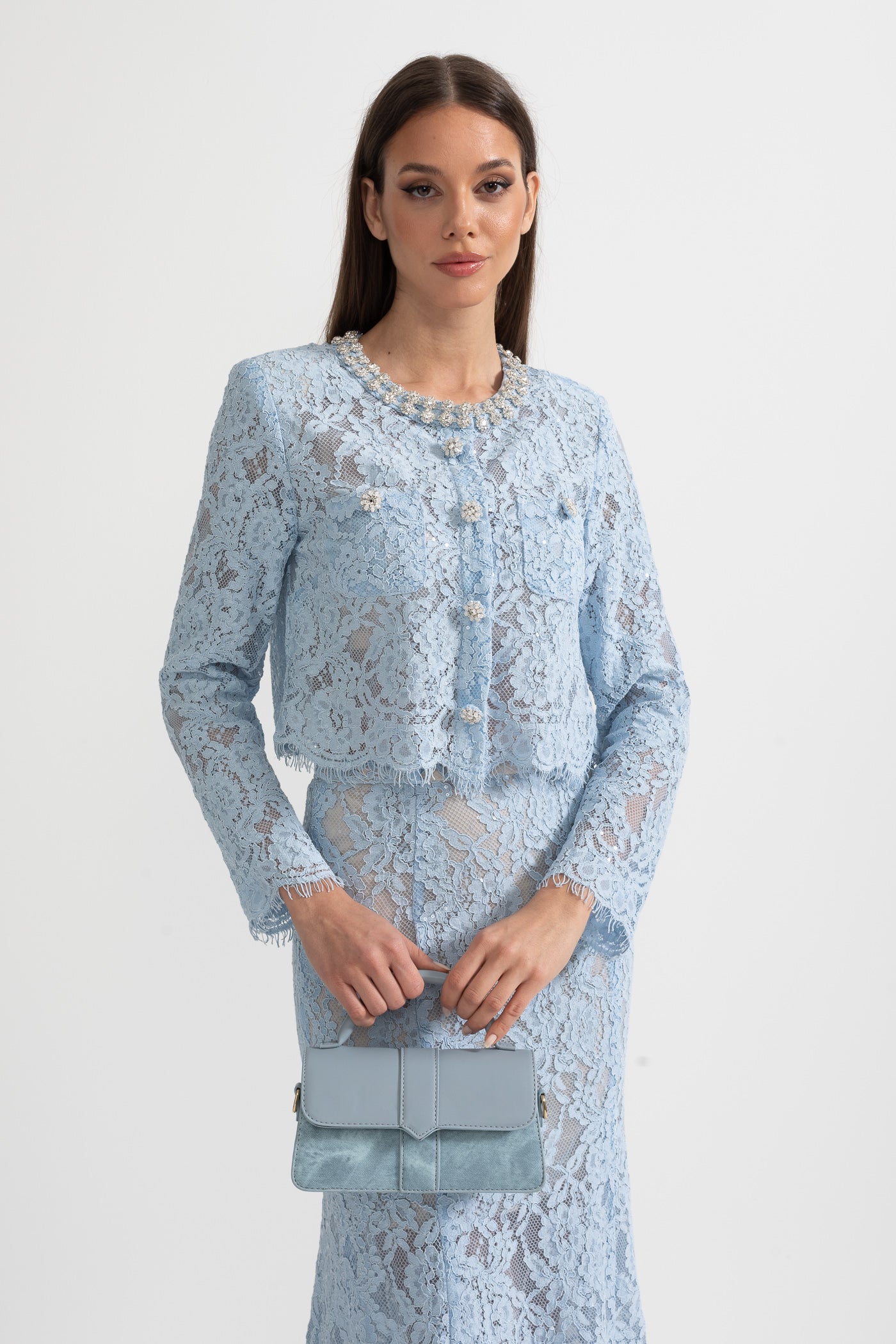 Lace Co-Ord With Sparkling Neckline Embellishments And Midi Skirt - Blue - ICYBOO