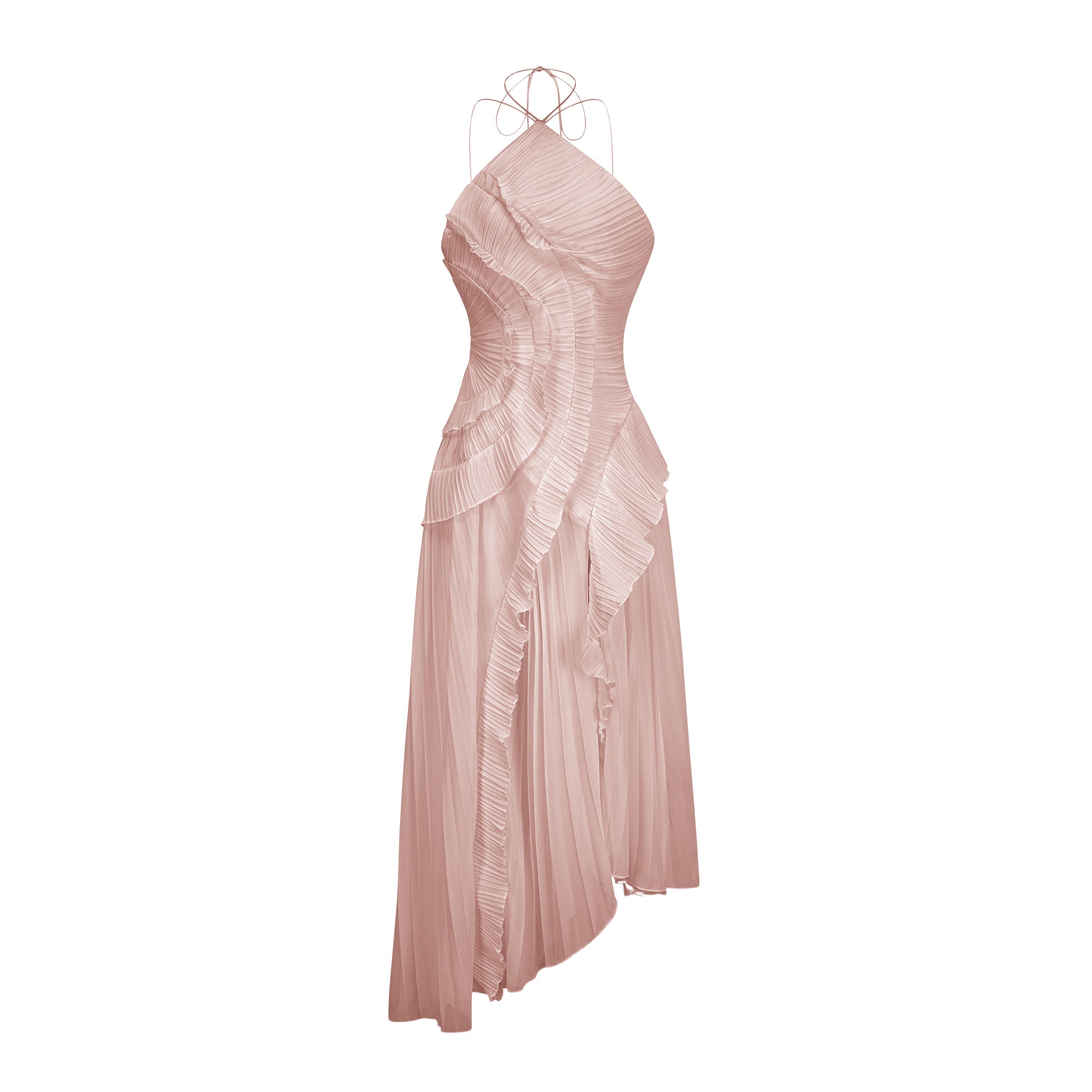 Doux Pink Ruffled Trim Pleated Midi Dress - ICYBOO
