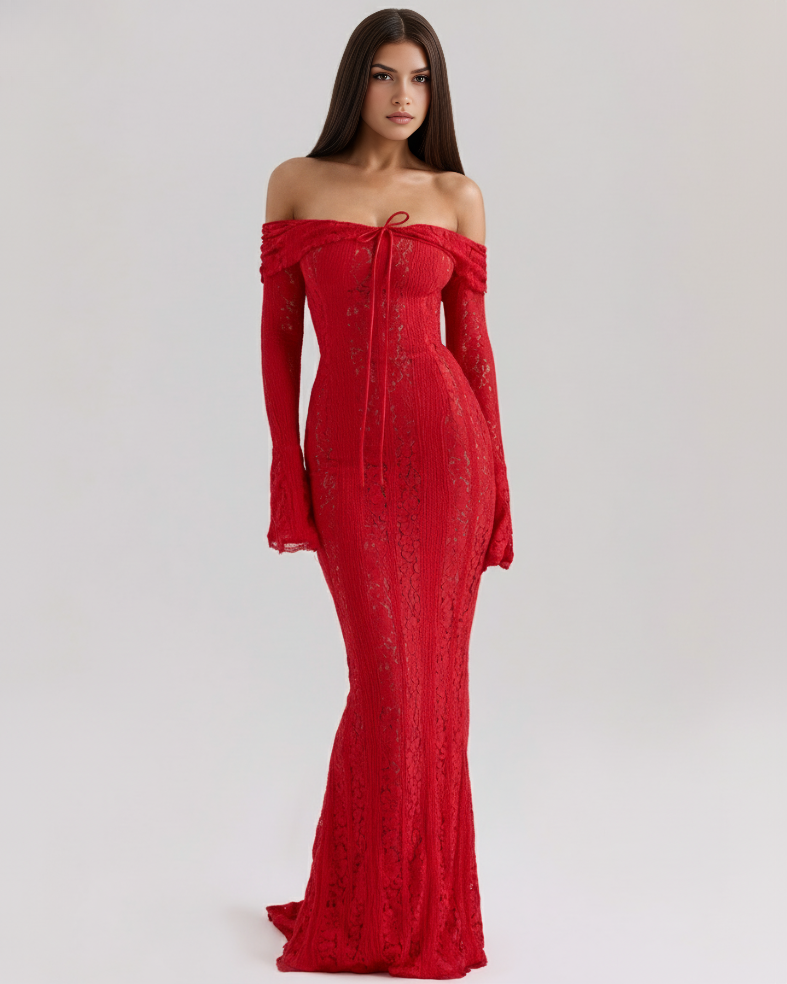 Maxi Dress | Red Stretch Floral Lace, Off-Shoulder Boned Bodice, Evening Wear ICYBOO