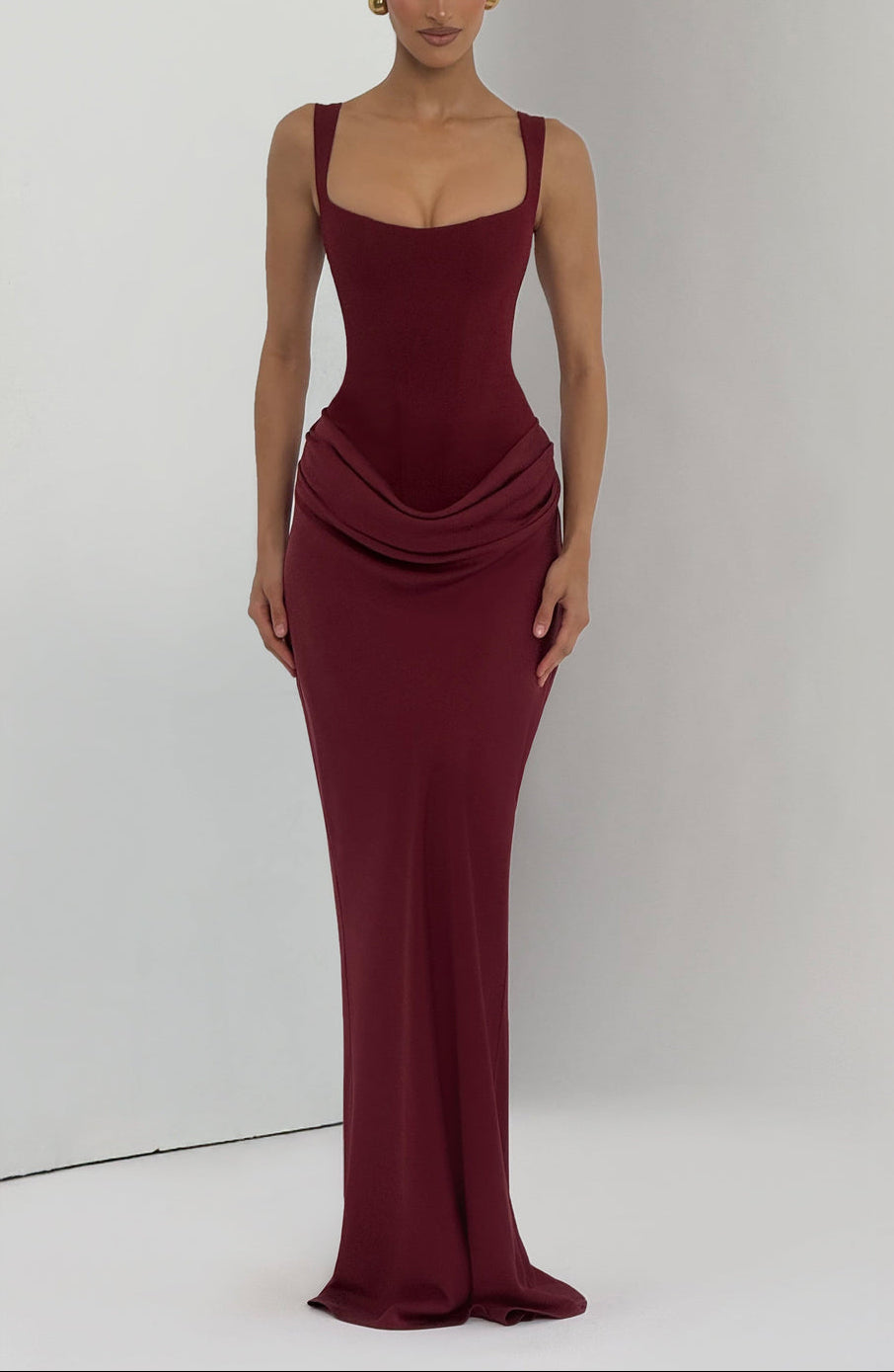Anelina Satin Draped Maxi Gown In Maroon ICYBOO