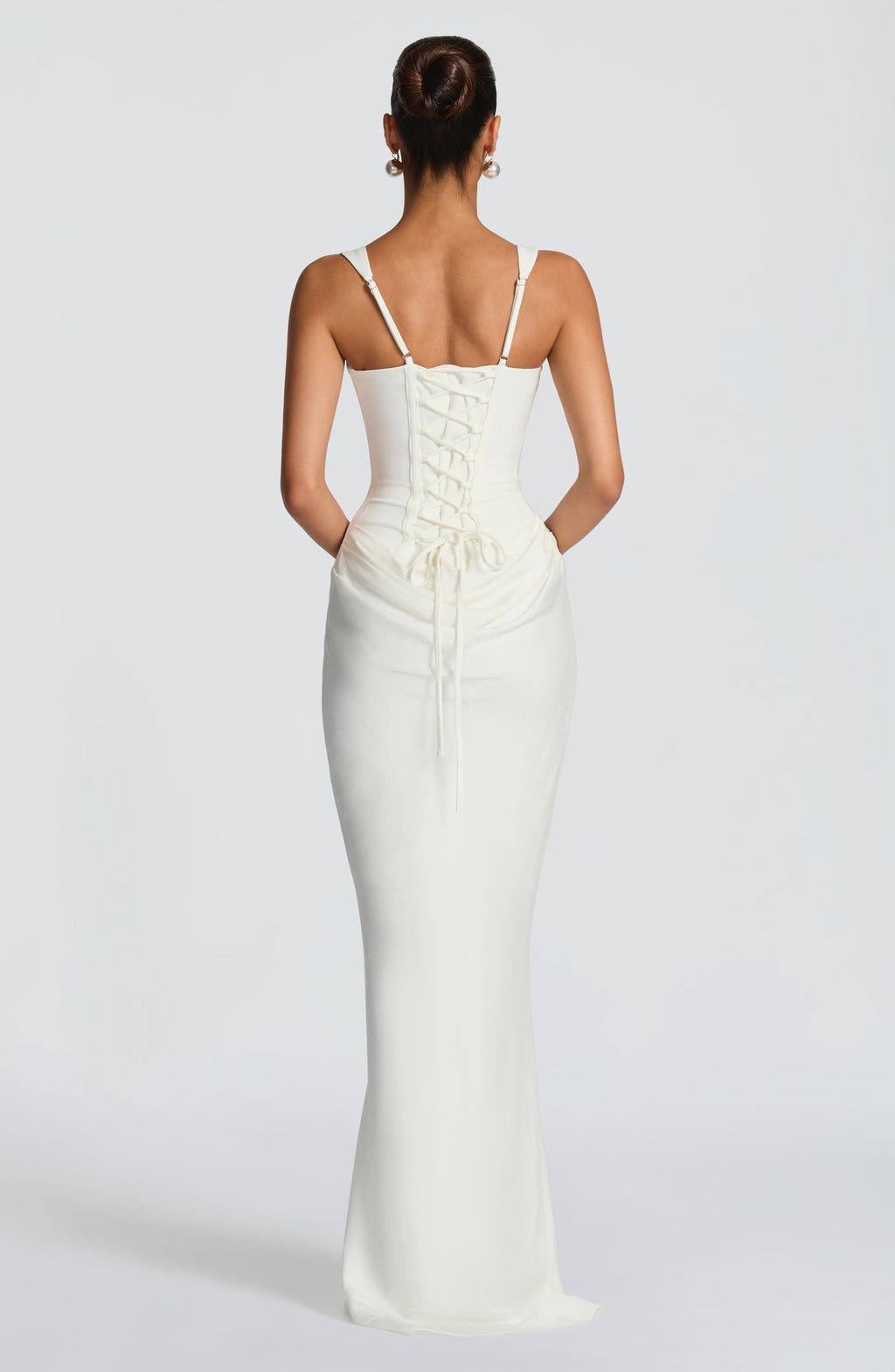 Anelina Satin Draped Maxi Gown in White ICYBOO