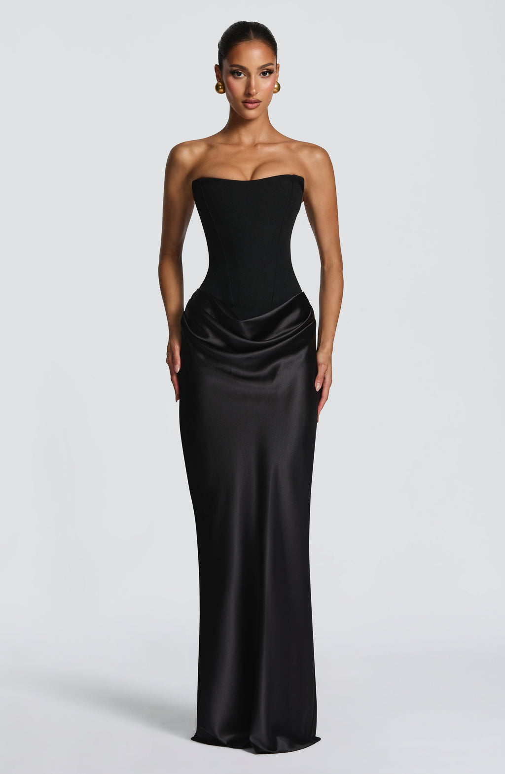 Cheri Cheri Lady Satin Draped Maxi Dress in Black ICYBOO