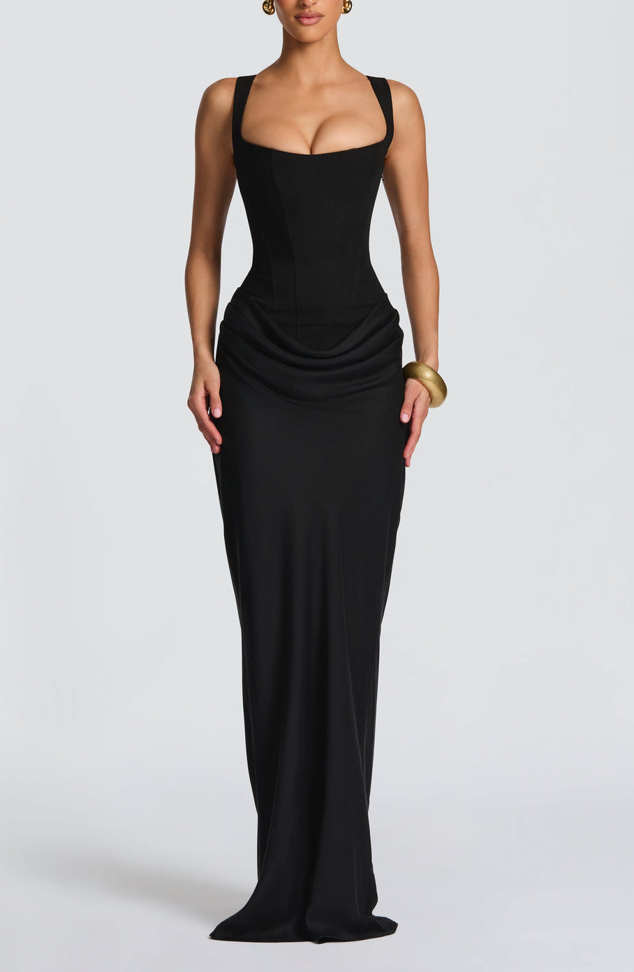 Anelina Satin Draped Maxi Gown in Black ICYBOO