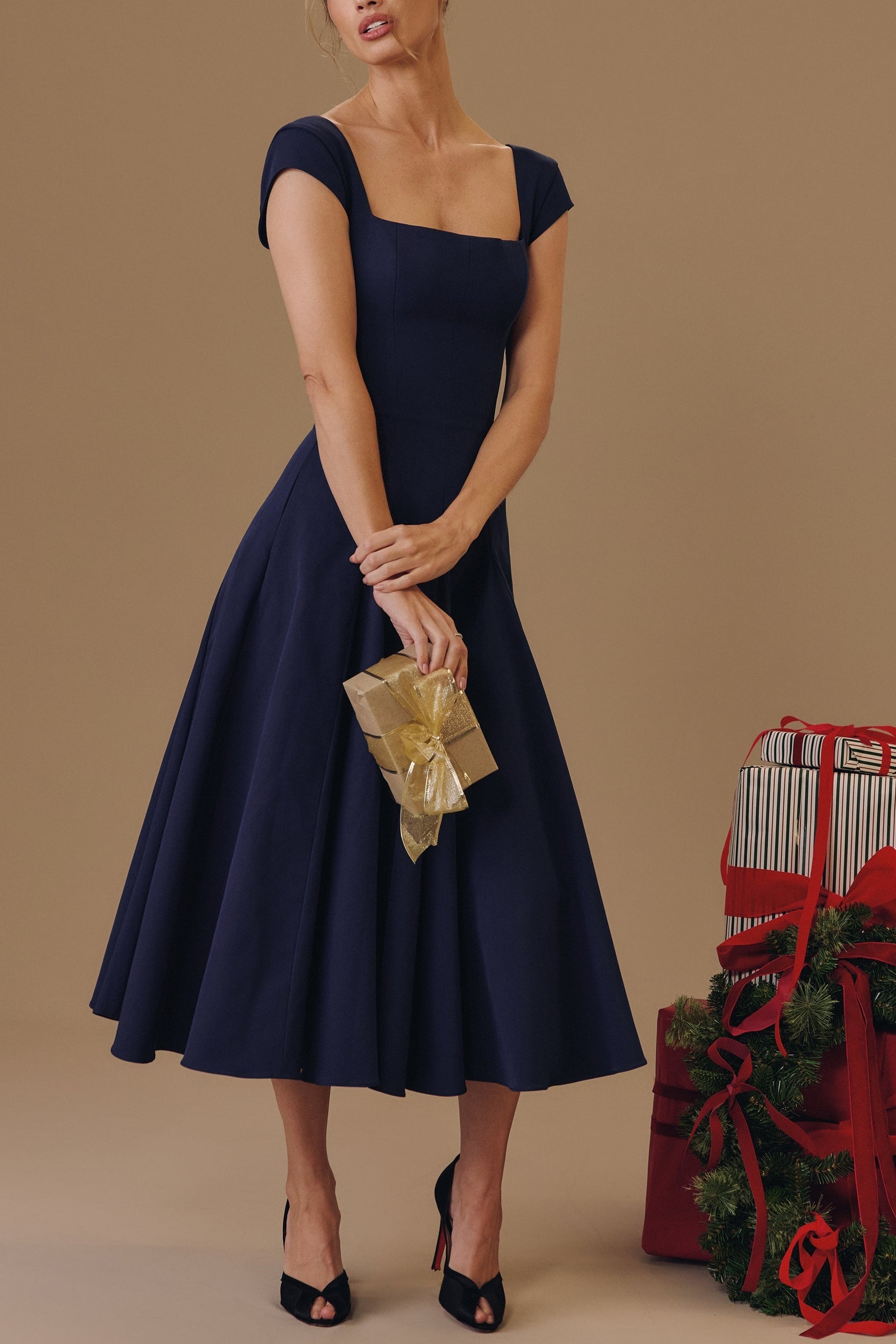 Elise Cap Sleeve Midi Dress in NavyBlue ICYBOO