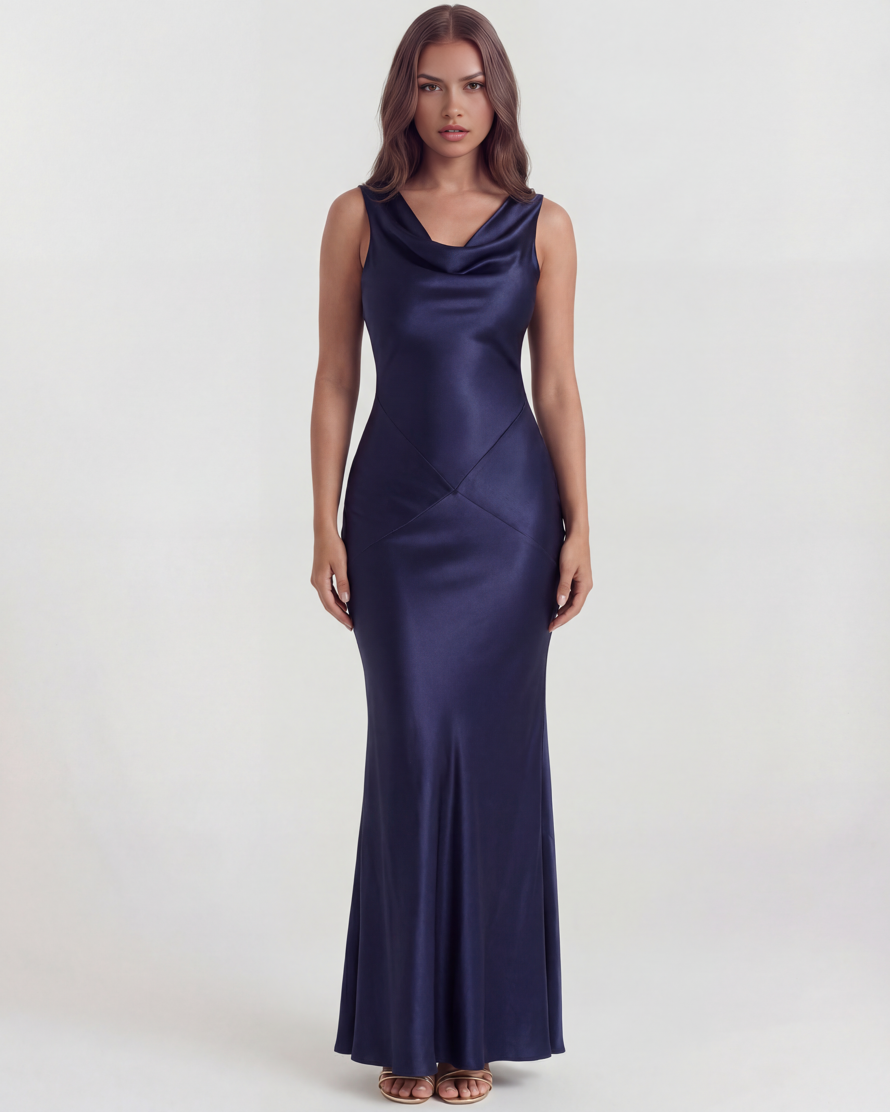 Satin Gown | Draped Open Back, Cowl Neckline, Black-Tie Events ICYBOO