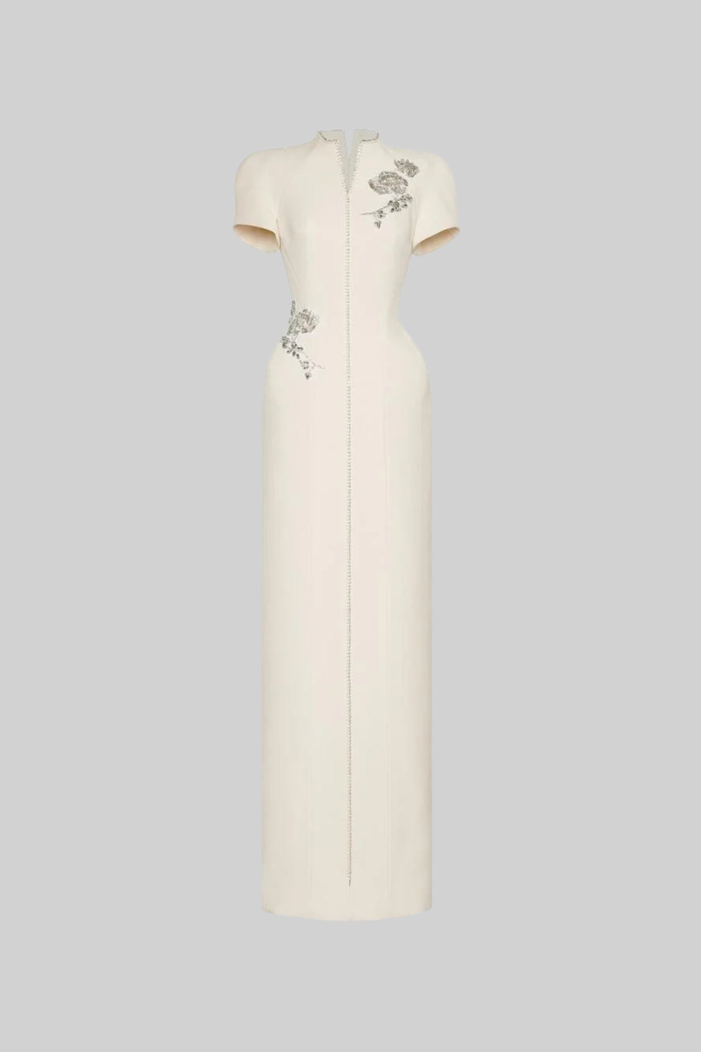 Short Sleeve Midi Dress With High Split Neckline And Sparkling Embellishments - Ivoire - ICYBOO
