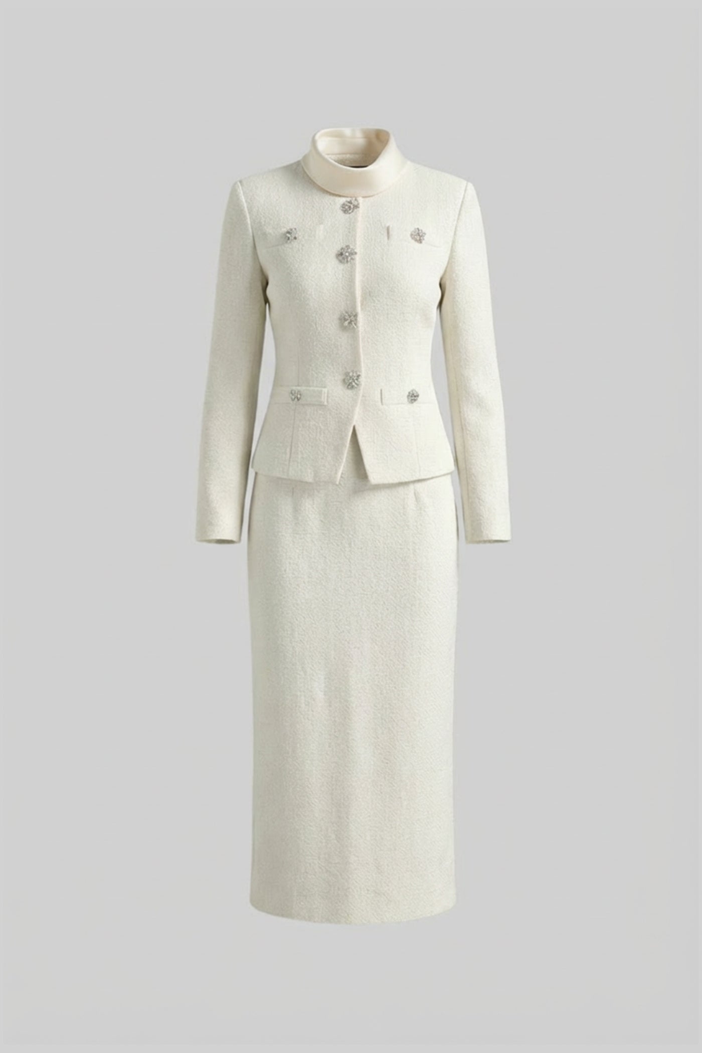 Textured Midi Dress With High Neck Jacket And Crystal Button Detail - White - ICYBOO