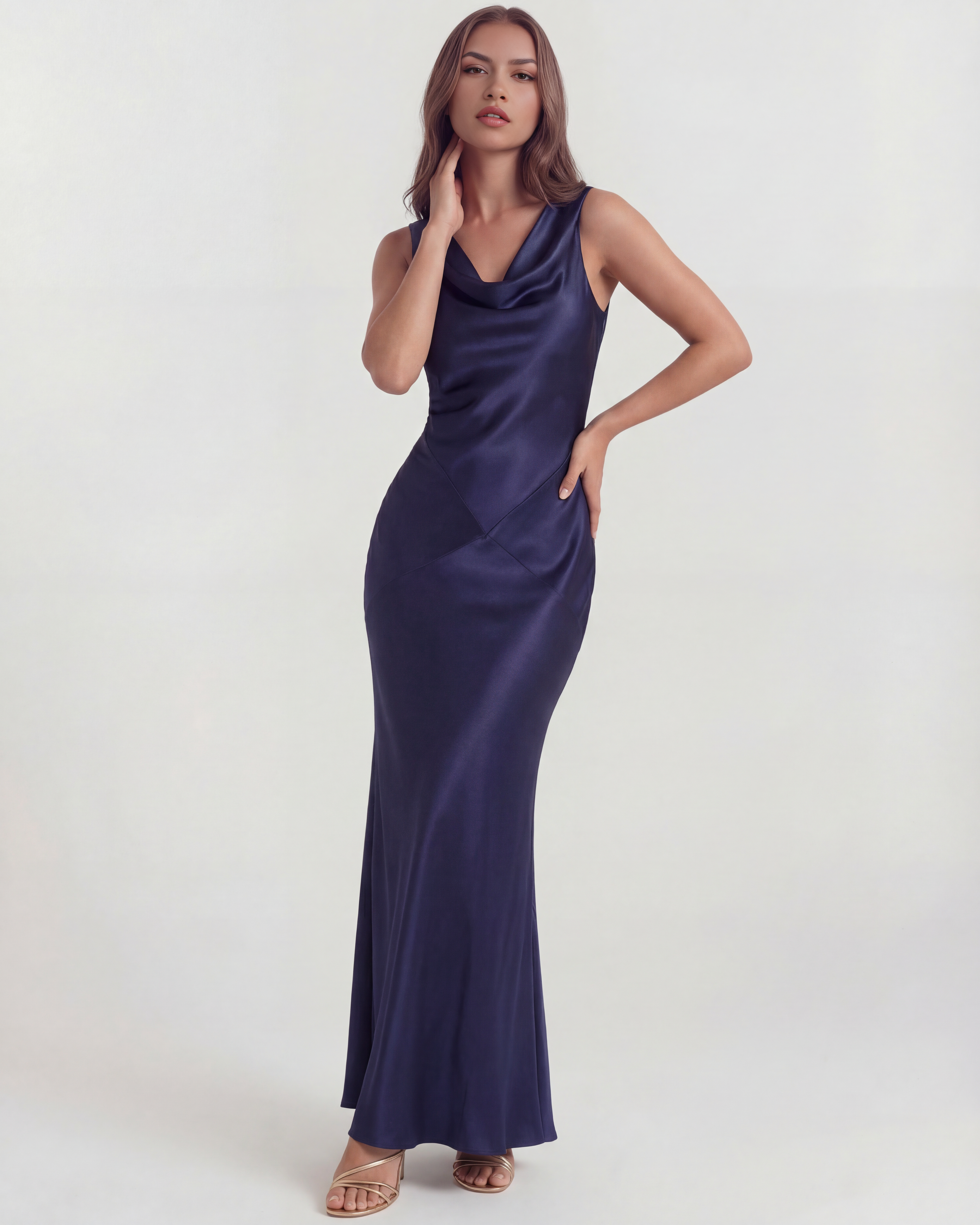 Satin Gown | Draped Open Back, Cowl Neckline, Black-Tie Events ICYBOO