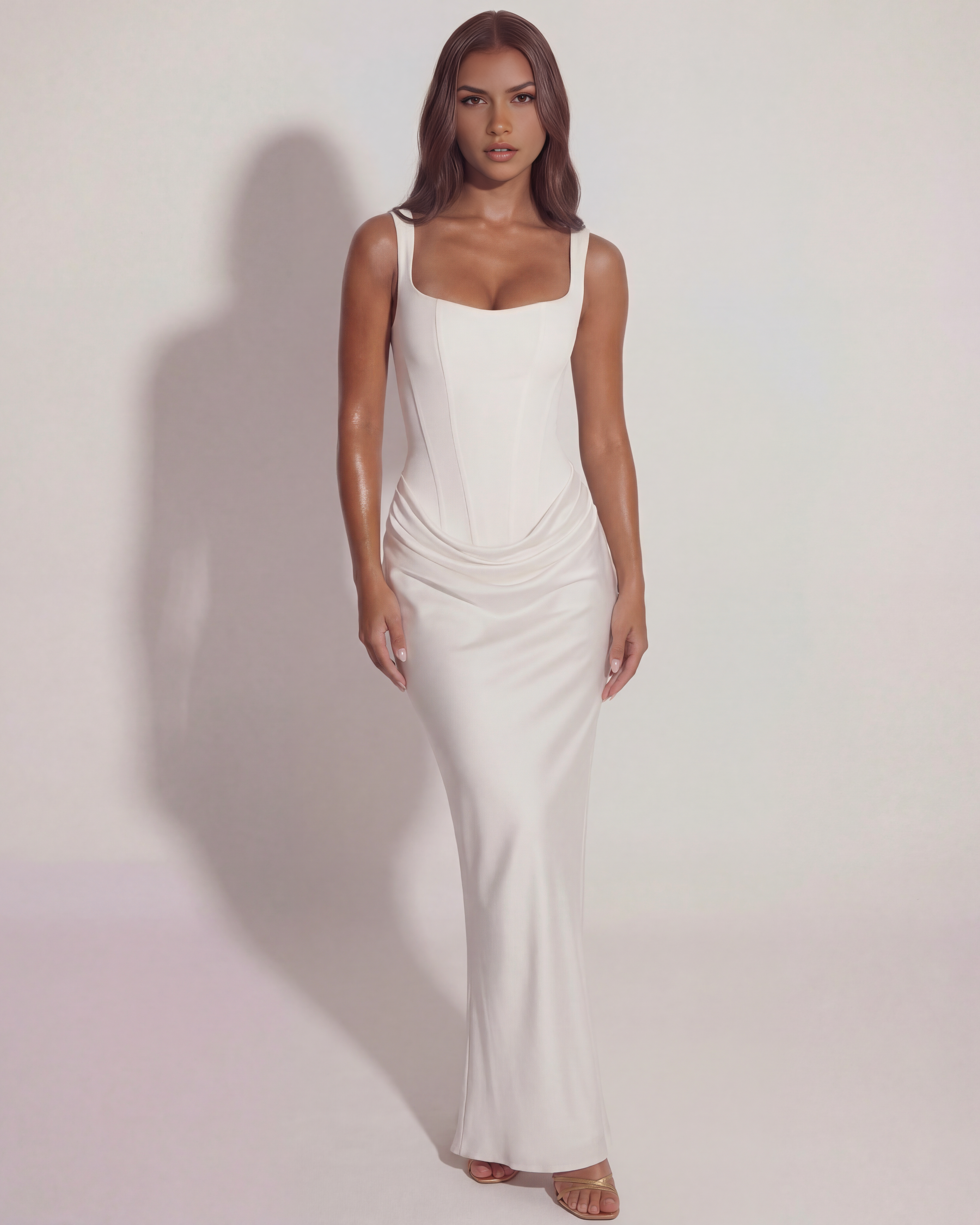 Evening Gown | White Satin Maxi, Structured Bodice, Bridal & Soirée Events ICYBOO