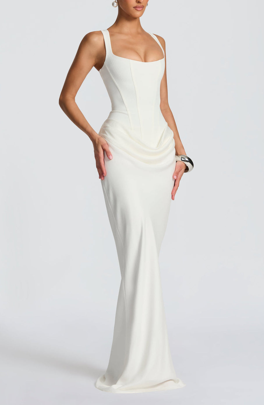 Anelina Satin Draped Maxi Gown in White ICYBOO
