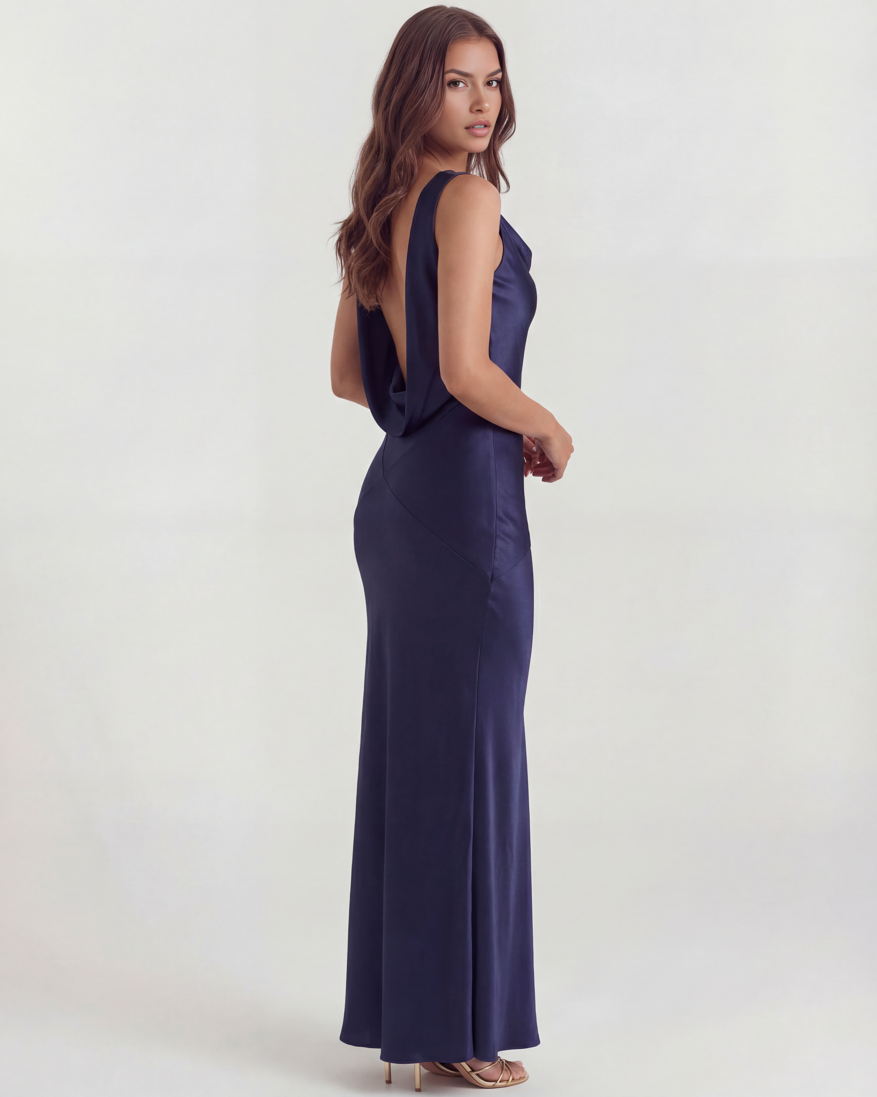 Satin Gown | Draped Open Back, Cowl Neckline, Black-Tie Events ICYBOO