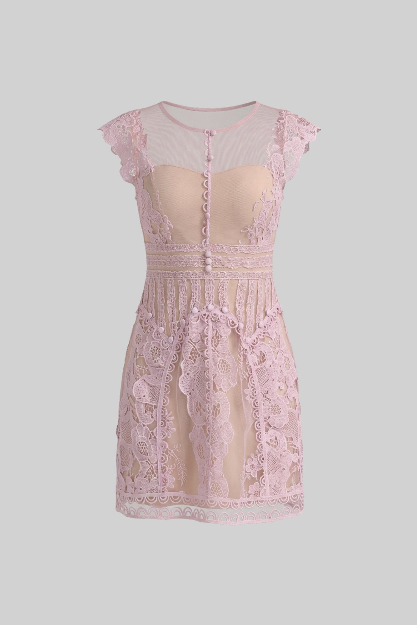 Cap Sleeve Mini Dress With Sheer Yoke And Pearl Button Detail - Lilac - ICYBOO