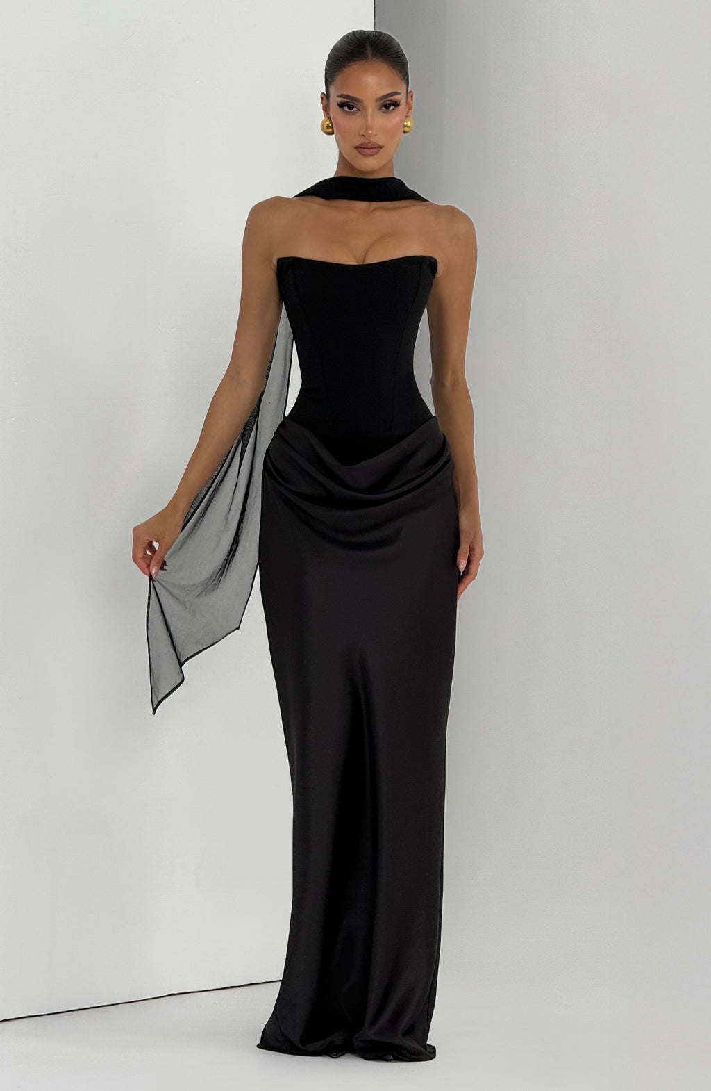 Cheri Cheri Lady Satin Draped Maxi Dress in Black ICYBOO