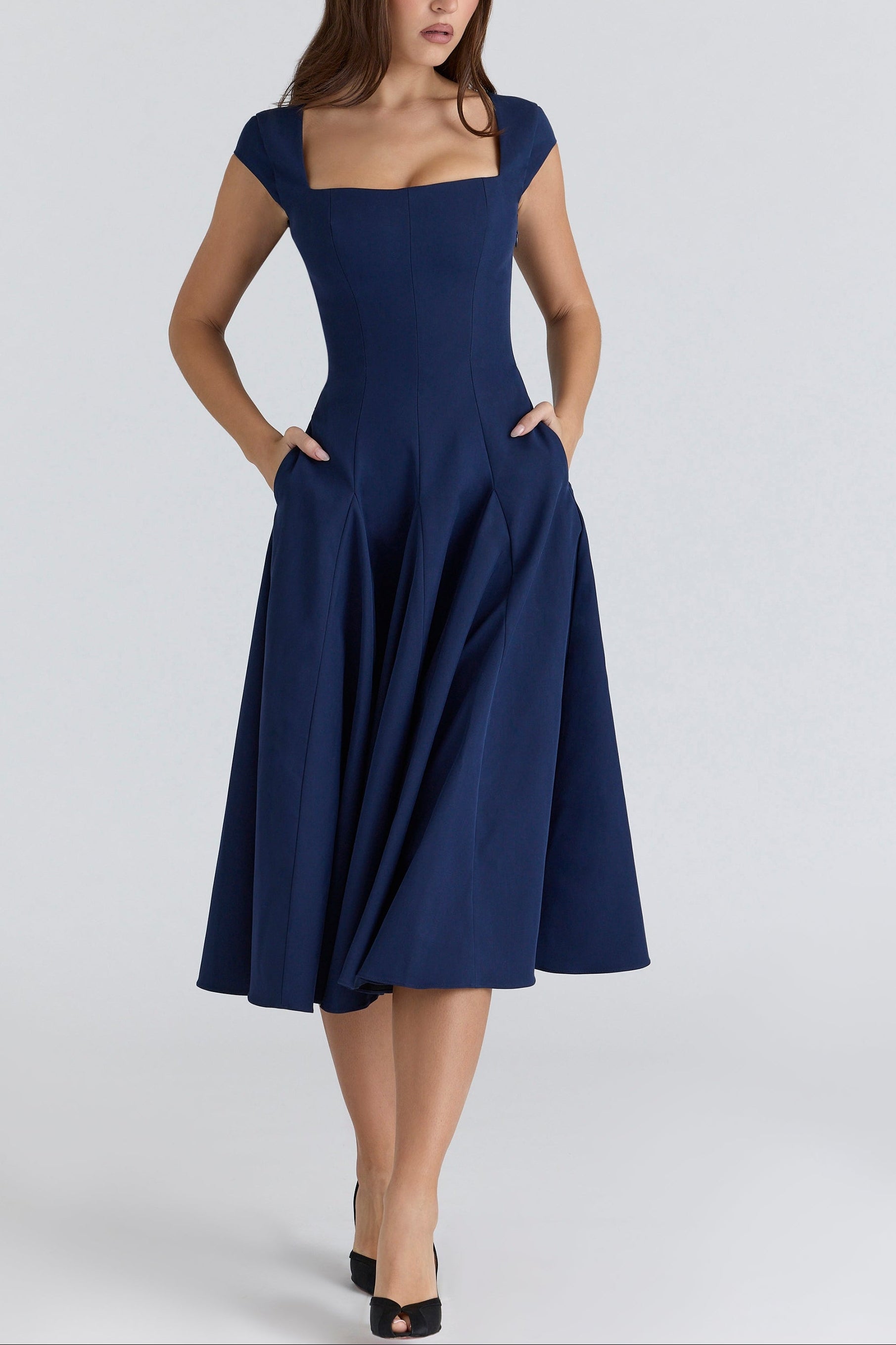 Elise Cap Sleeve Midi Dress in NavyBlue ICYBOO