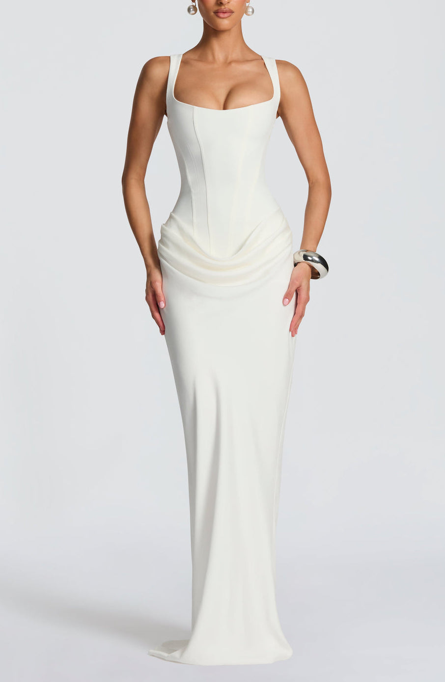 Anelina Satin Draped Maxi Gown in White ICYBOO