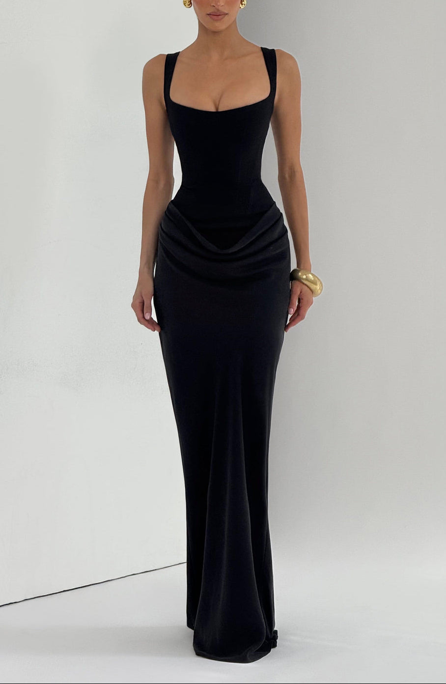 Anelina Satin Draped Maxi Gown in Black ICYBOO