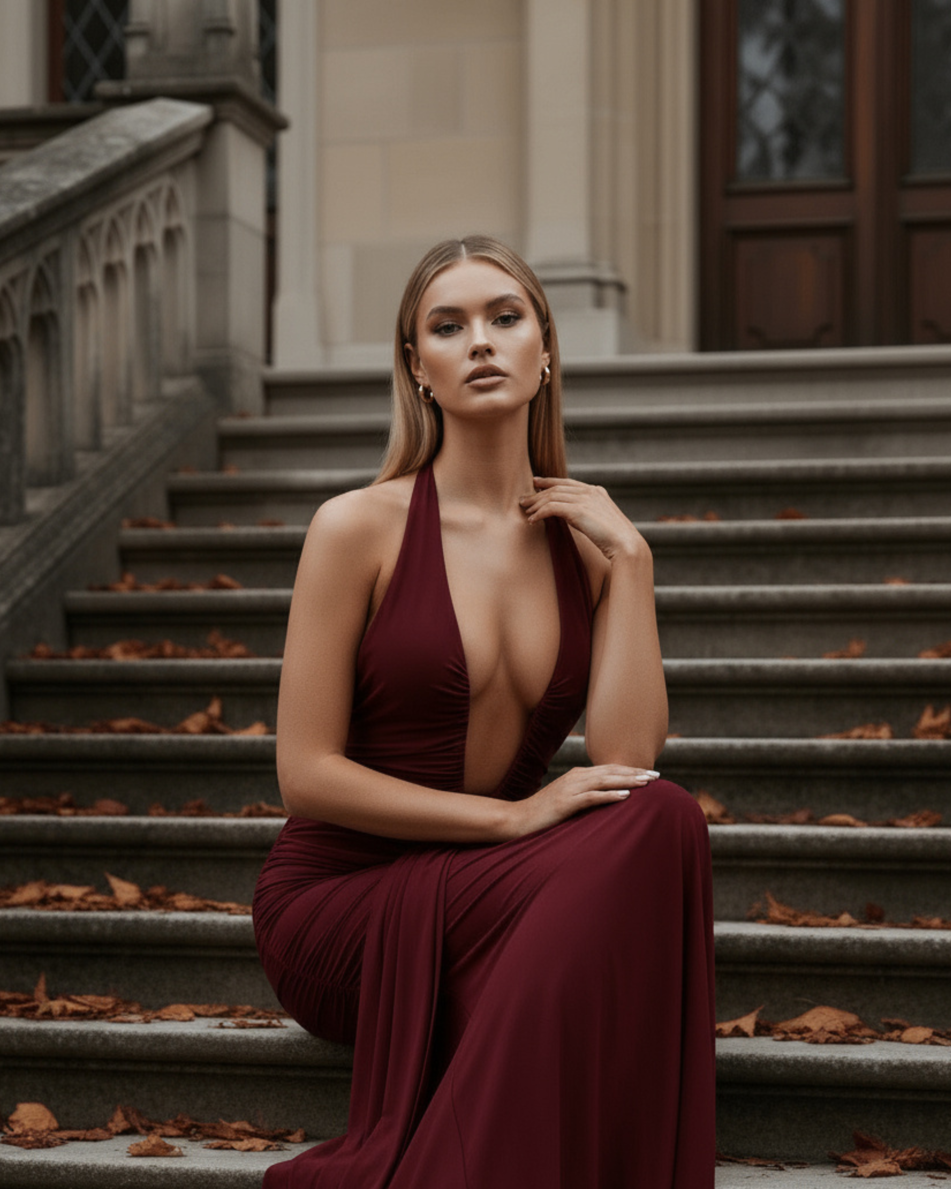 Maxi Dress | Burgundy Halter Neck, Ruched Details, Glamorous Events ICYBOO