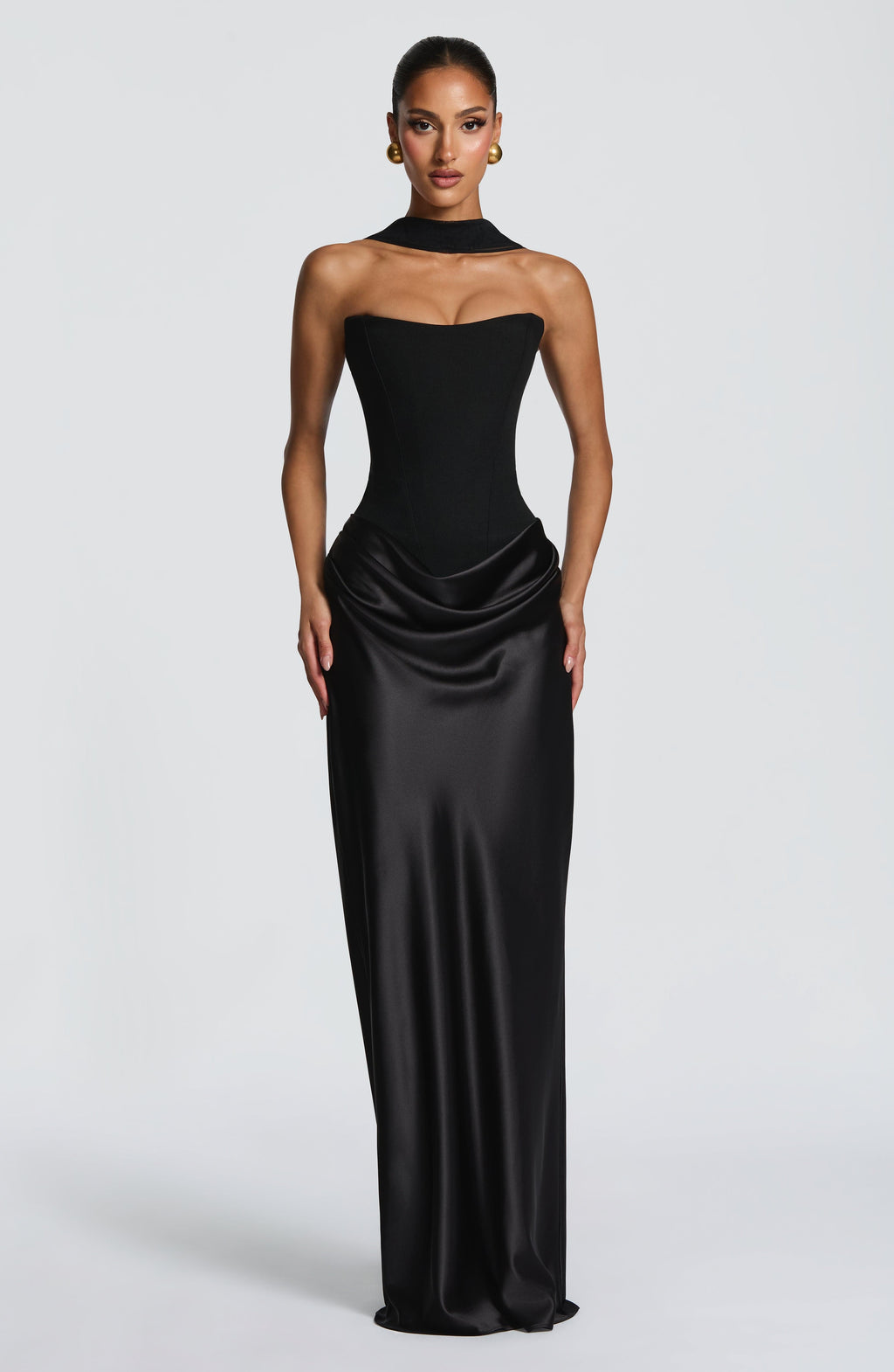 Cheri Cheri Lady Satin Draped Maxi Dress in Black ICYBOO