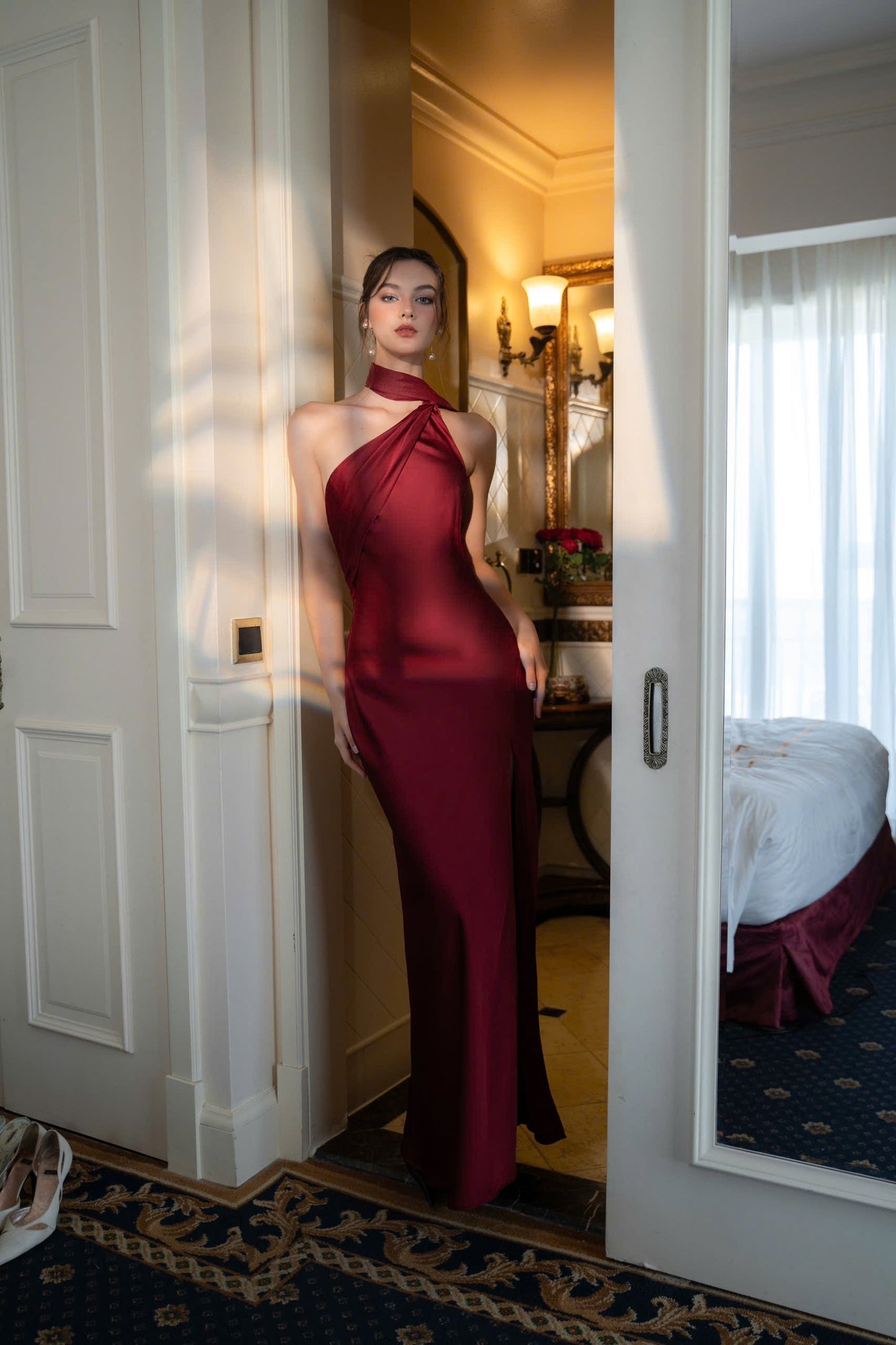 Isis Satin Gown in Maroon ICYBOO