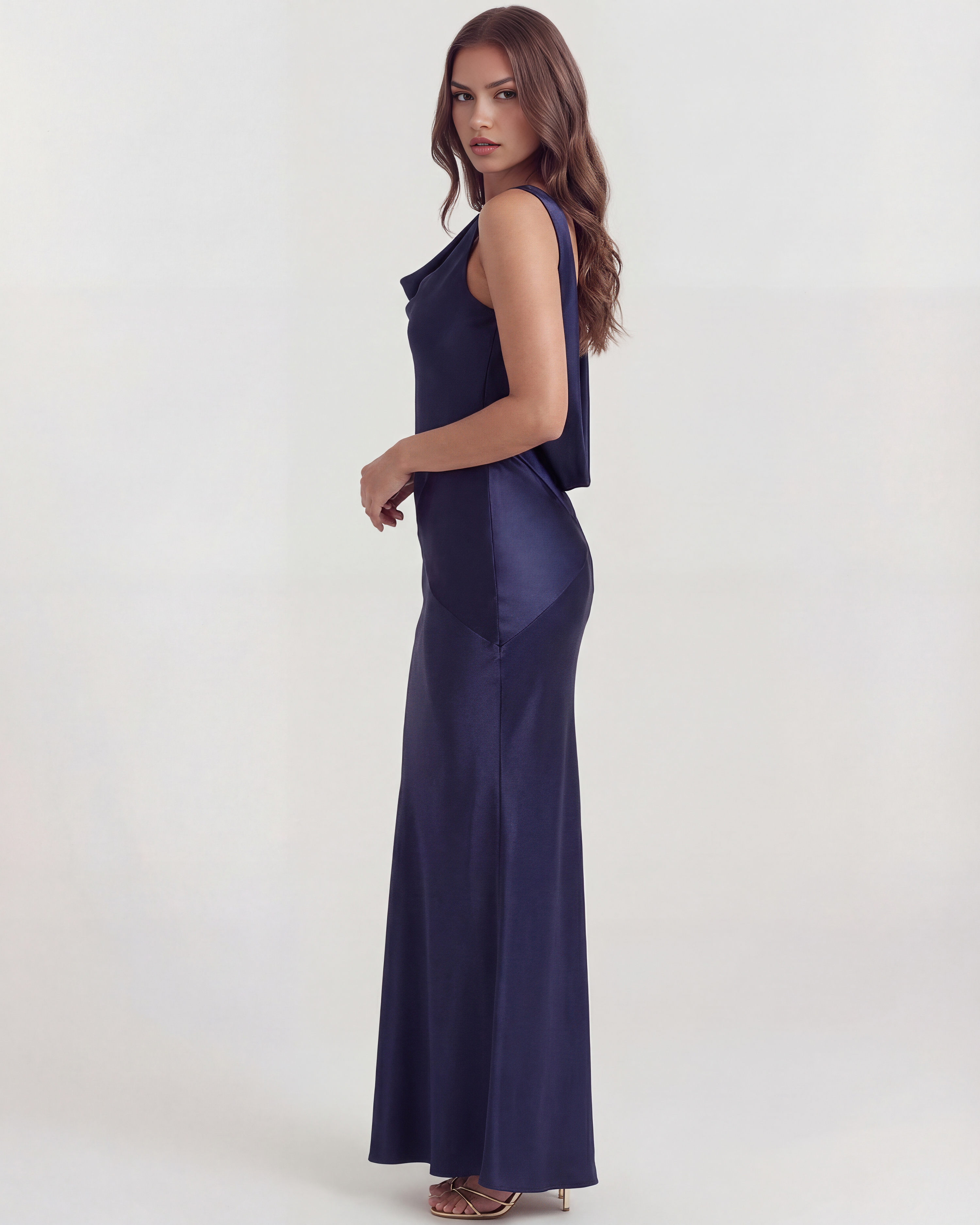 Satin Gown | Draped Open Back, Cowl Neckline, Black-Tie Events ICYBOO