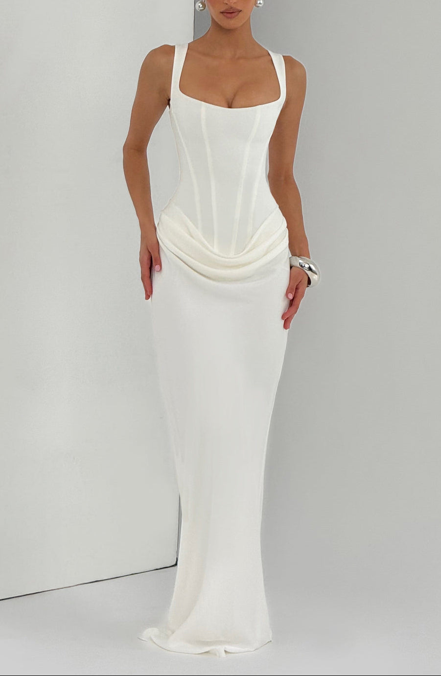 Anelina Satin Draped Maxi Gown in Black ICYBOO