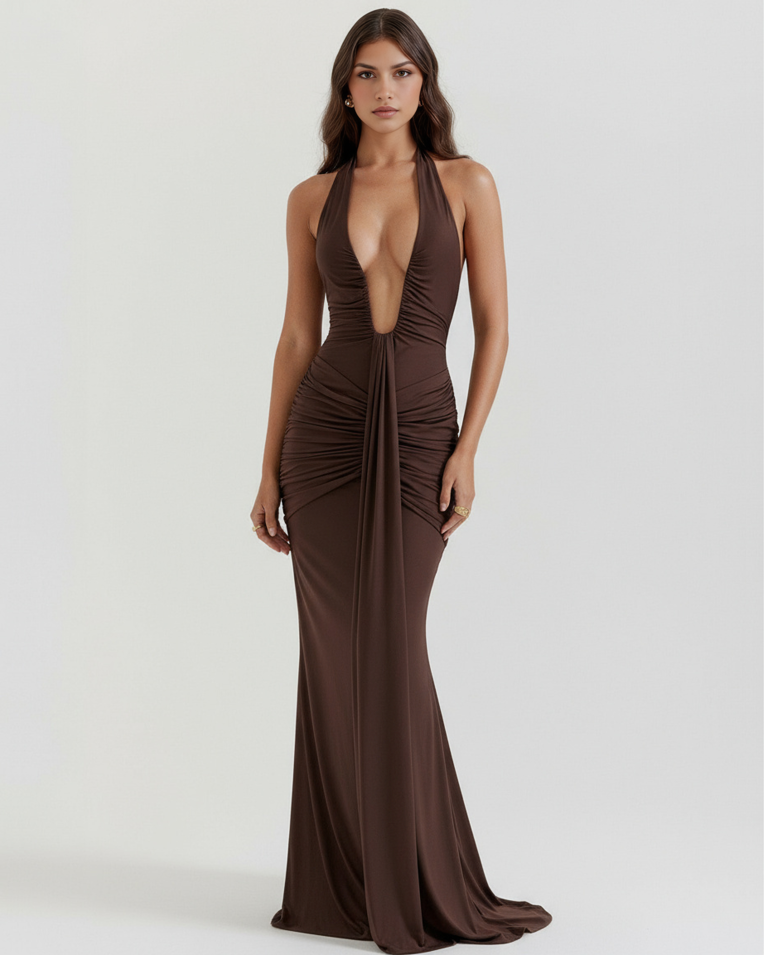 Maxi Dress | Plunging Halter Neckline, Ruched Details, Glamorous Events ICYBOO