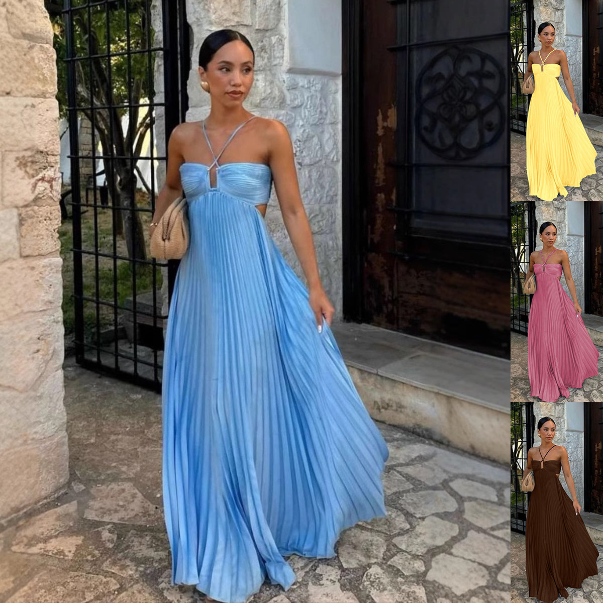 Pleated Sleeveless Maxi Evening Party Dress - ICYBOO