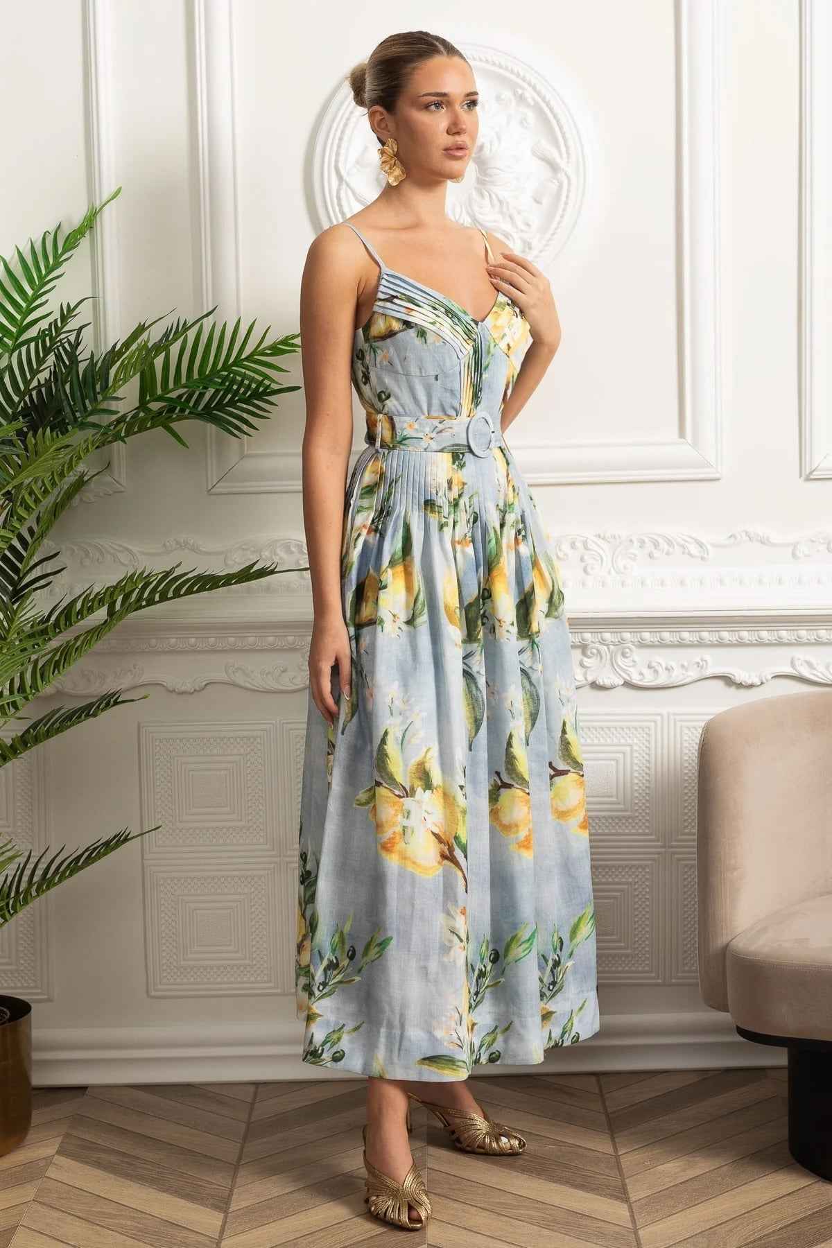 Pleated Bust Belted Midi Dress with Spaghetti Straps - Sky Blue