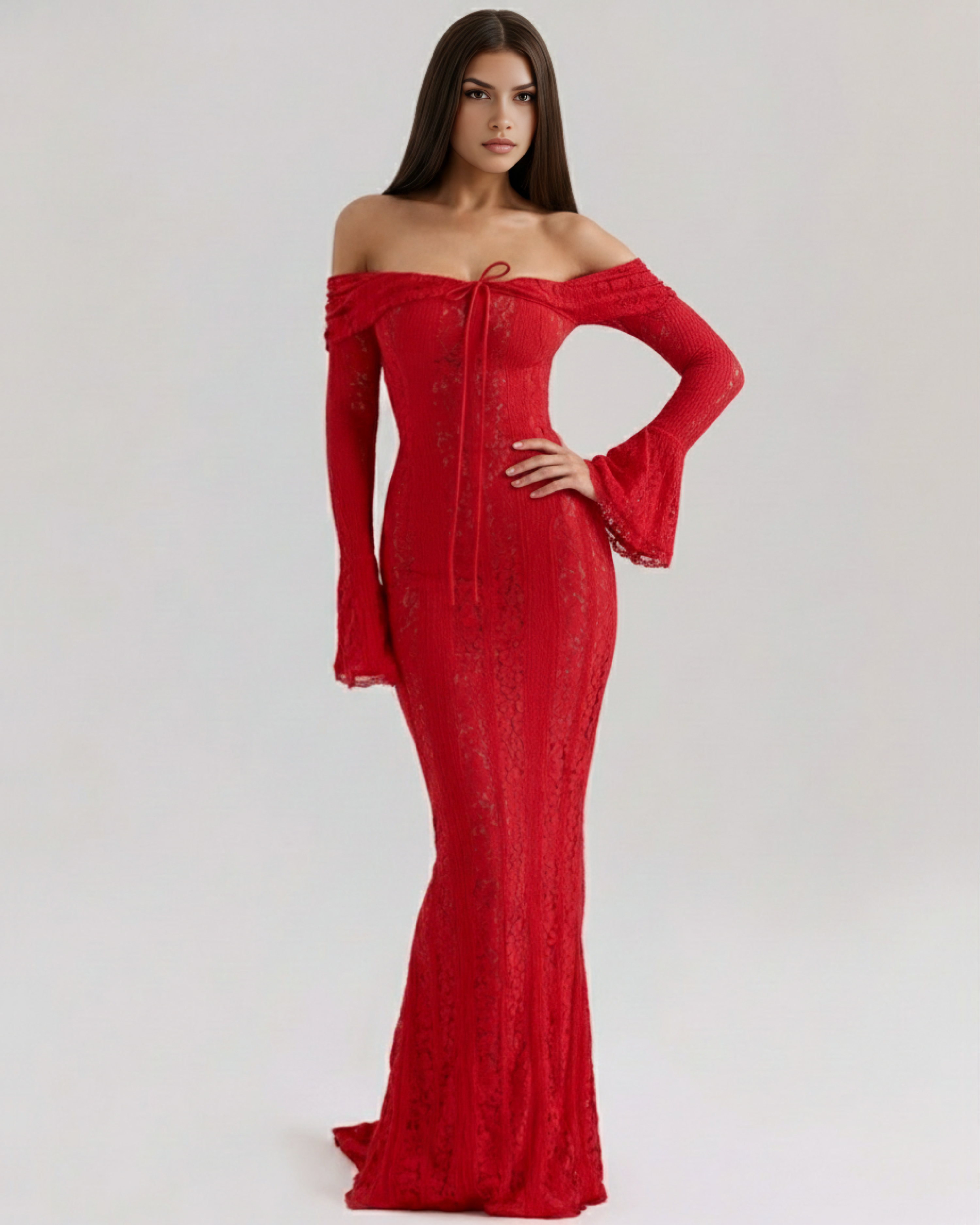 Maxi Dress | Red Stretch Floral Lace, Off-Shoulder Boned Bodice, Evening Wear ICYBOO