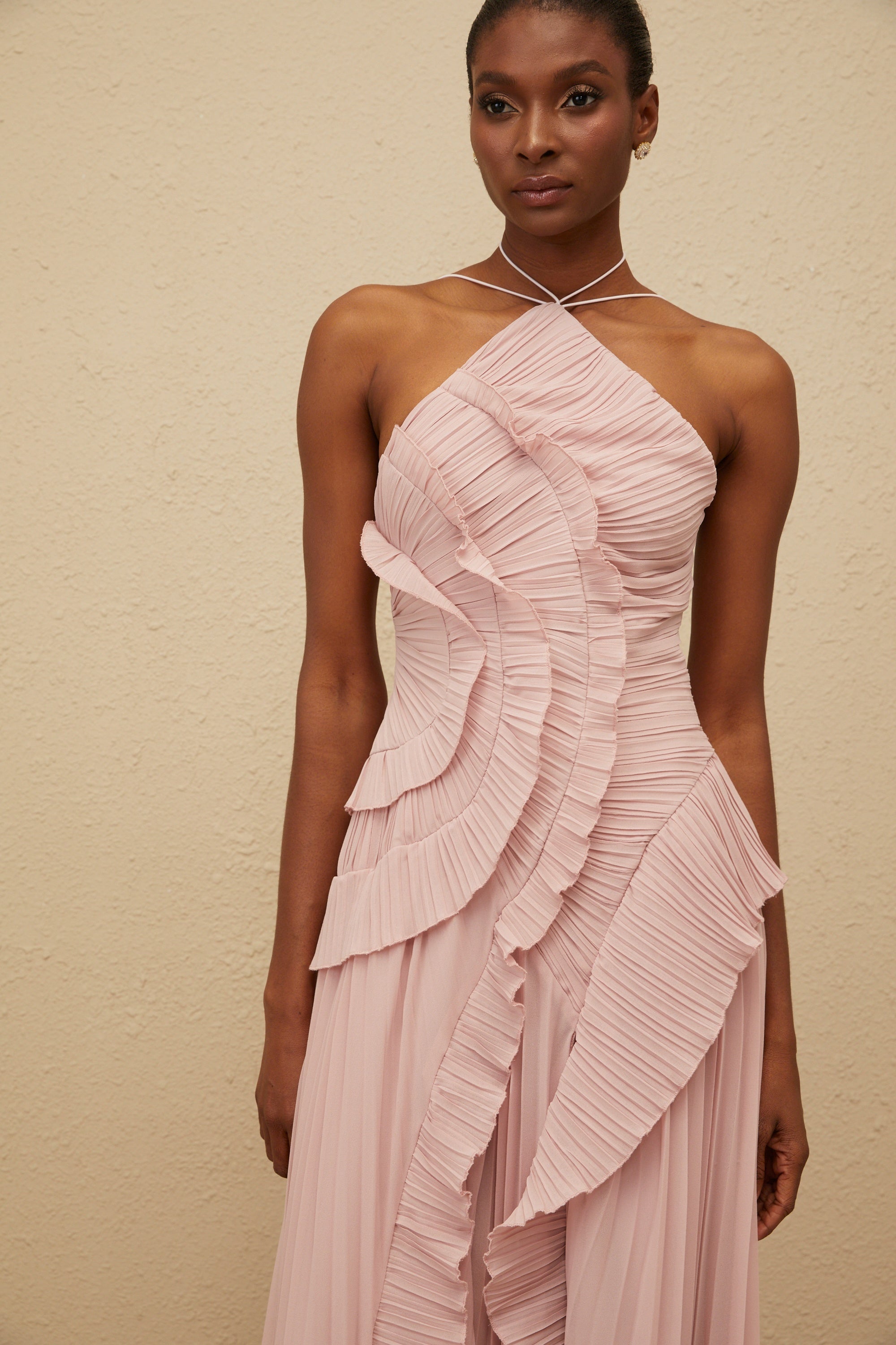 Doux Pink Ruffled Trim Pleated Midi Dress - ICYBOO
