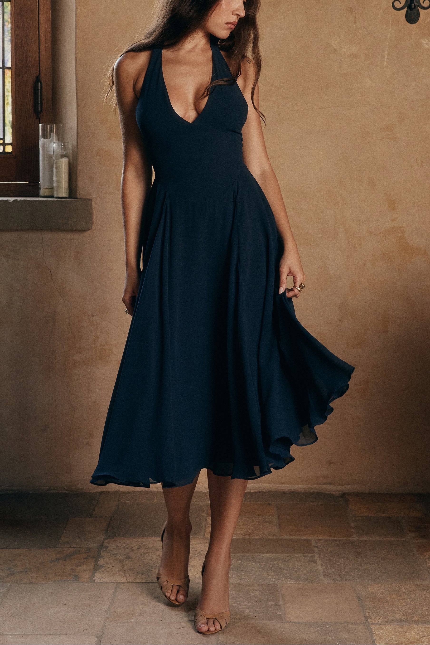 Rozaliya navy georgette halter midi dress ICYBOO