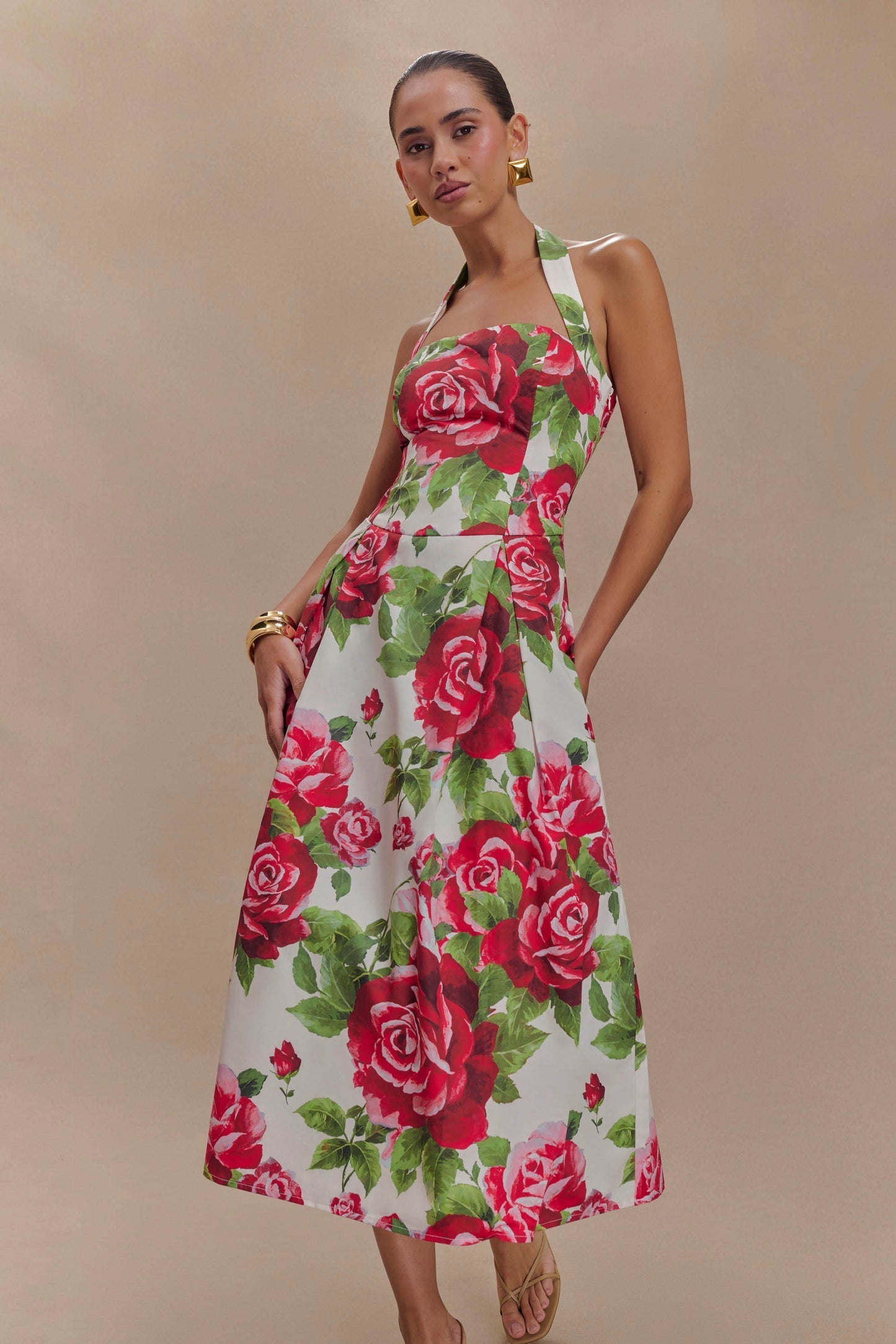 Aulivia Halter Midi Dress in Rose Print ICYBOO