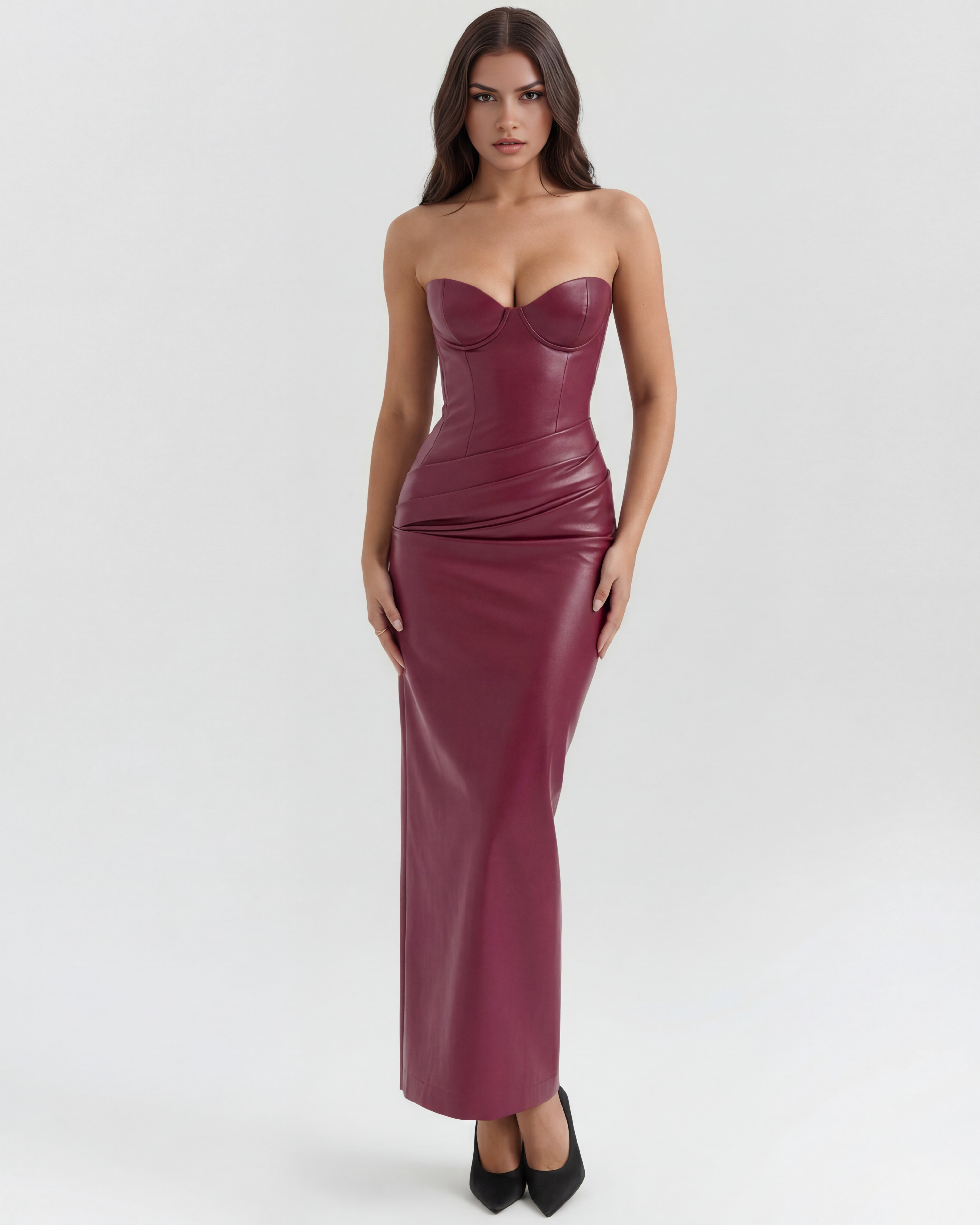 Vegan Leather Midi Dress | Strapless, Lace-Up Back, Formal Events ICYBOO