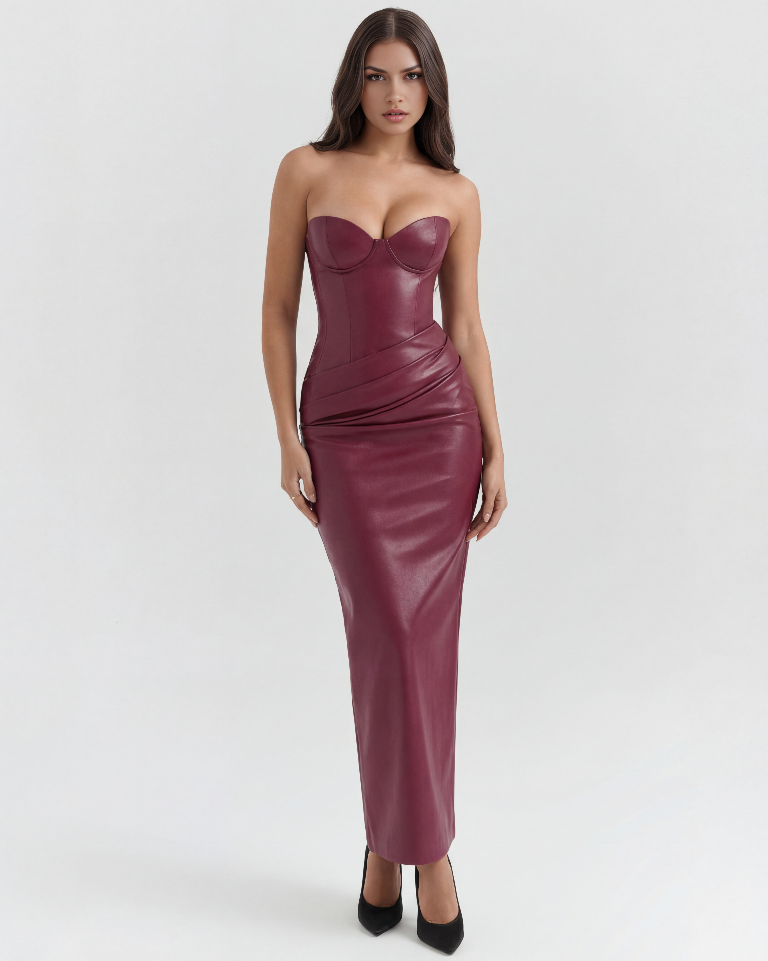 Vegan Leather Midi Dress | Strapless, Lace-Up Back, Formal Events ICYBOO