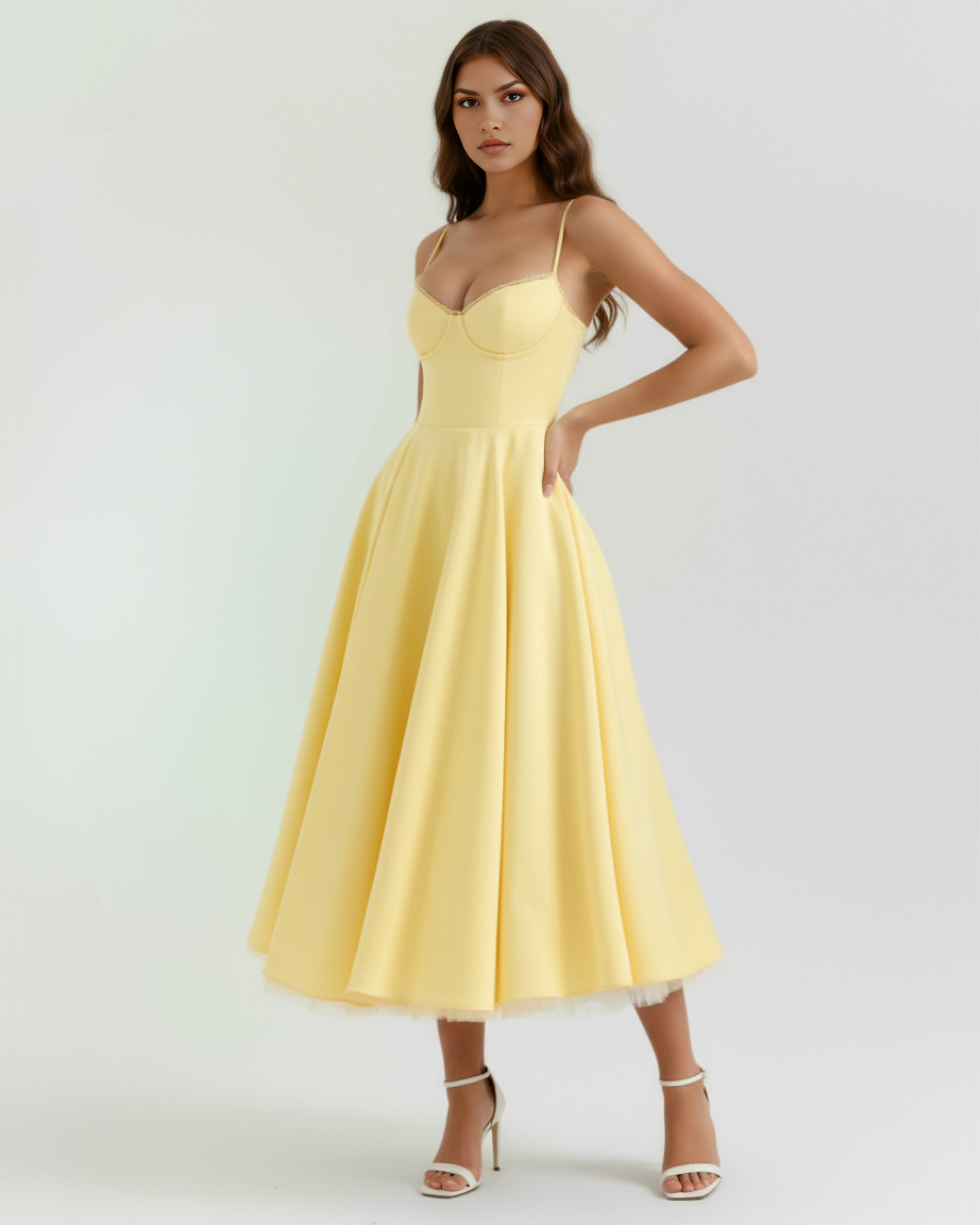 Midi Dress | Satin Feel, Boned Bodice, Weddings & Parties ICYBOO