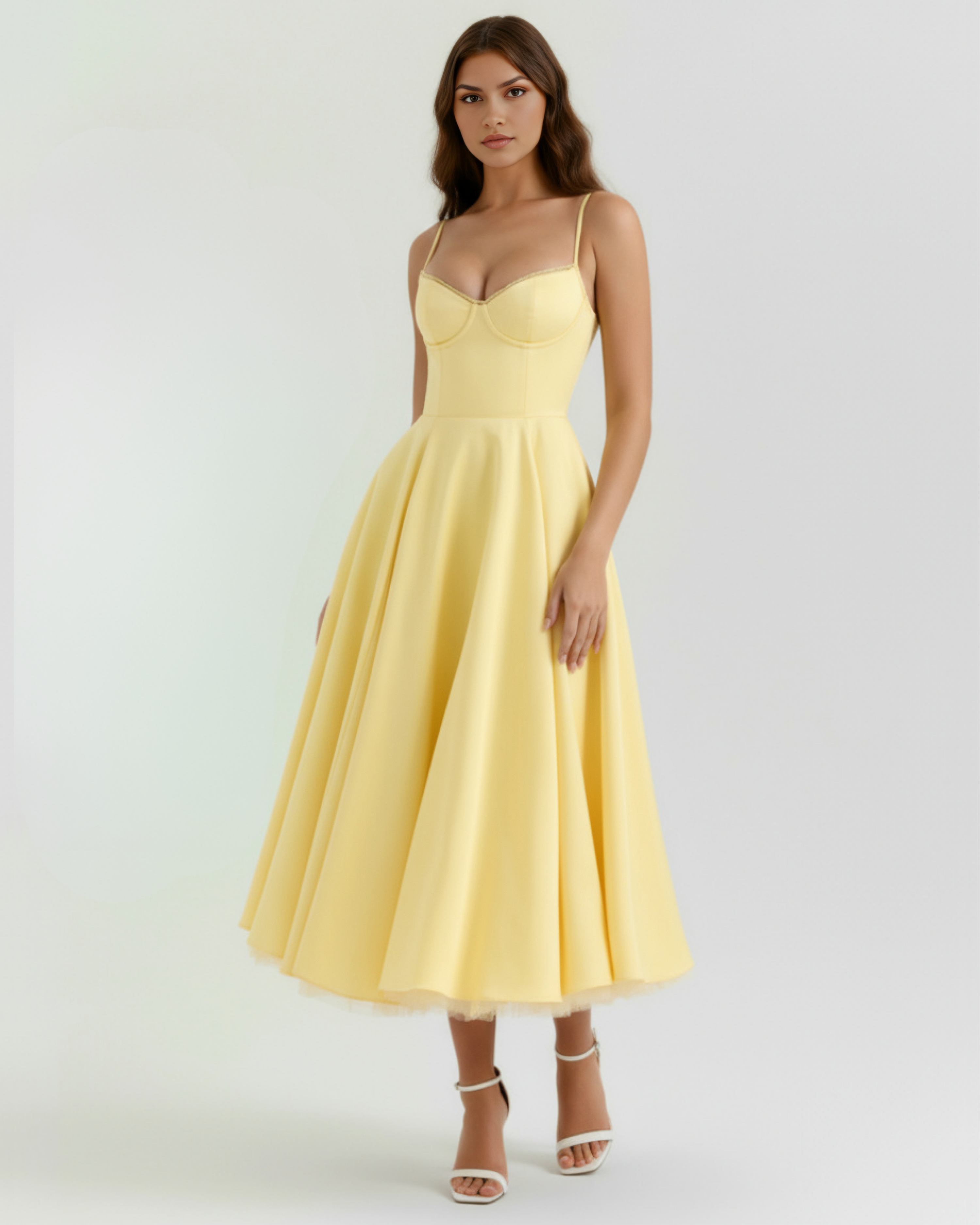 Midi Dress | Satin Feel, Boned Bodice, Weddings & Parties ICYBOO