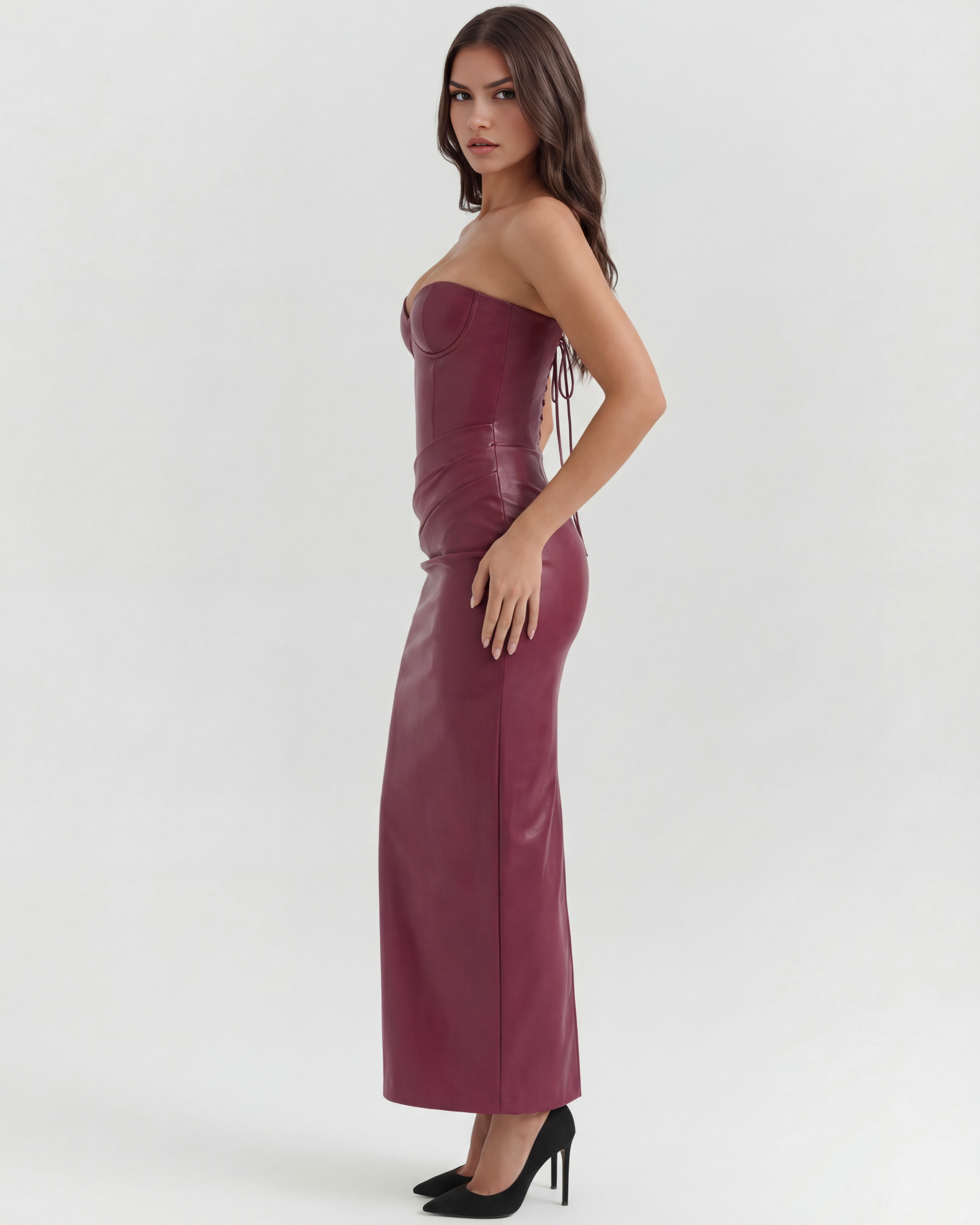 Midi Dress | Strapless Vegan Leather, Lace-Up Back, Special Occasions ICYBOO