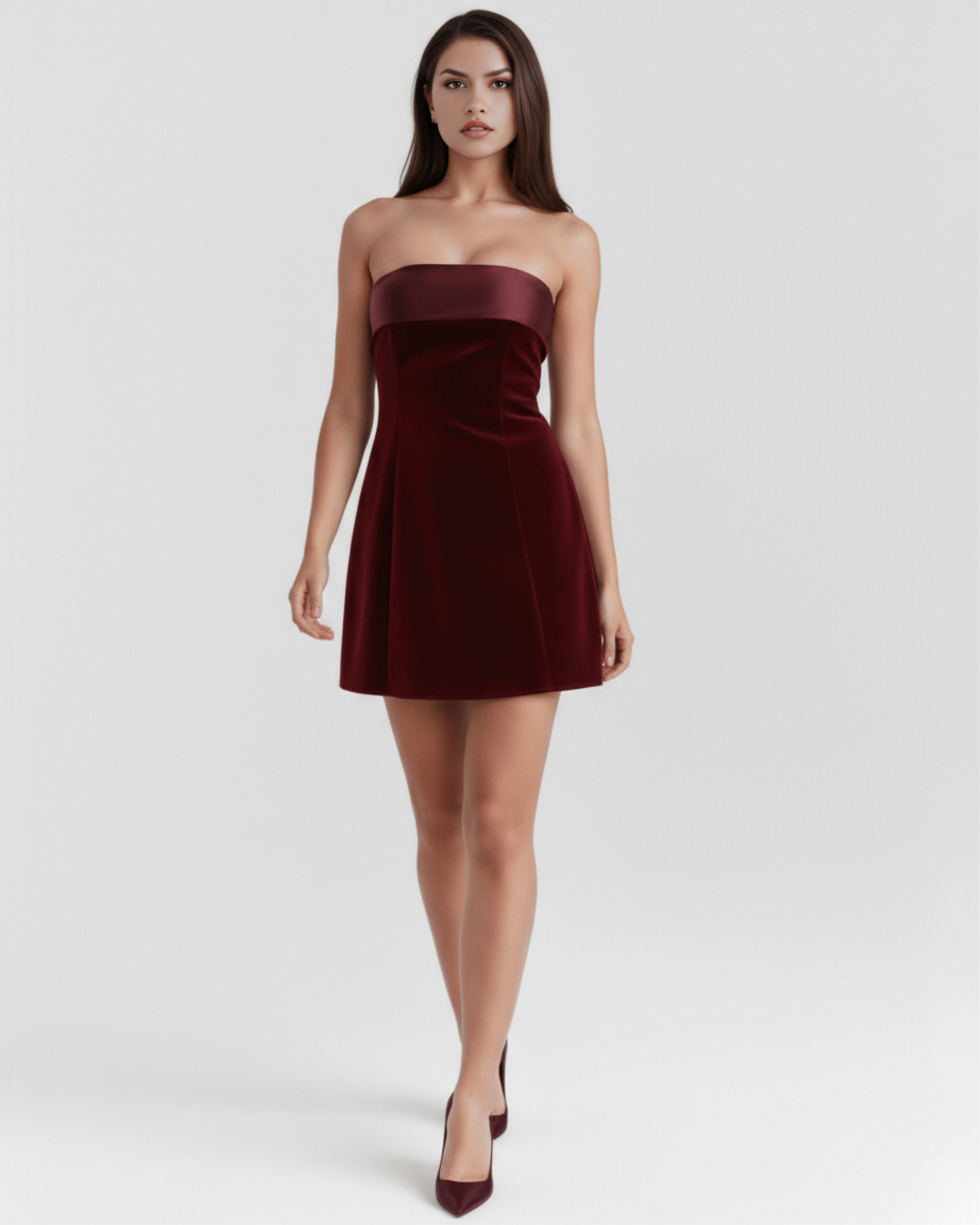 Velvet-Feel Mini Dress | Strapless Bandeau, Satin Detail, Evening Wear ICYBOO