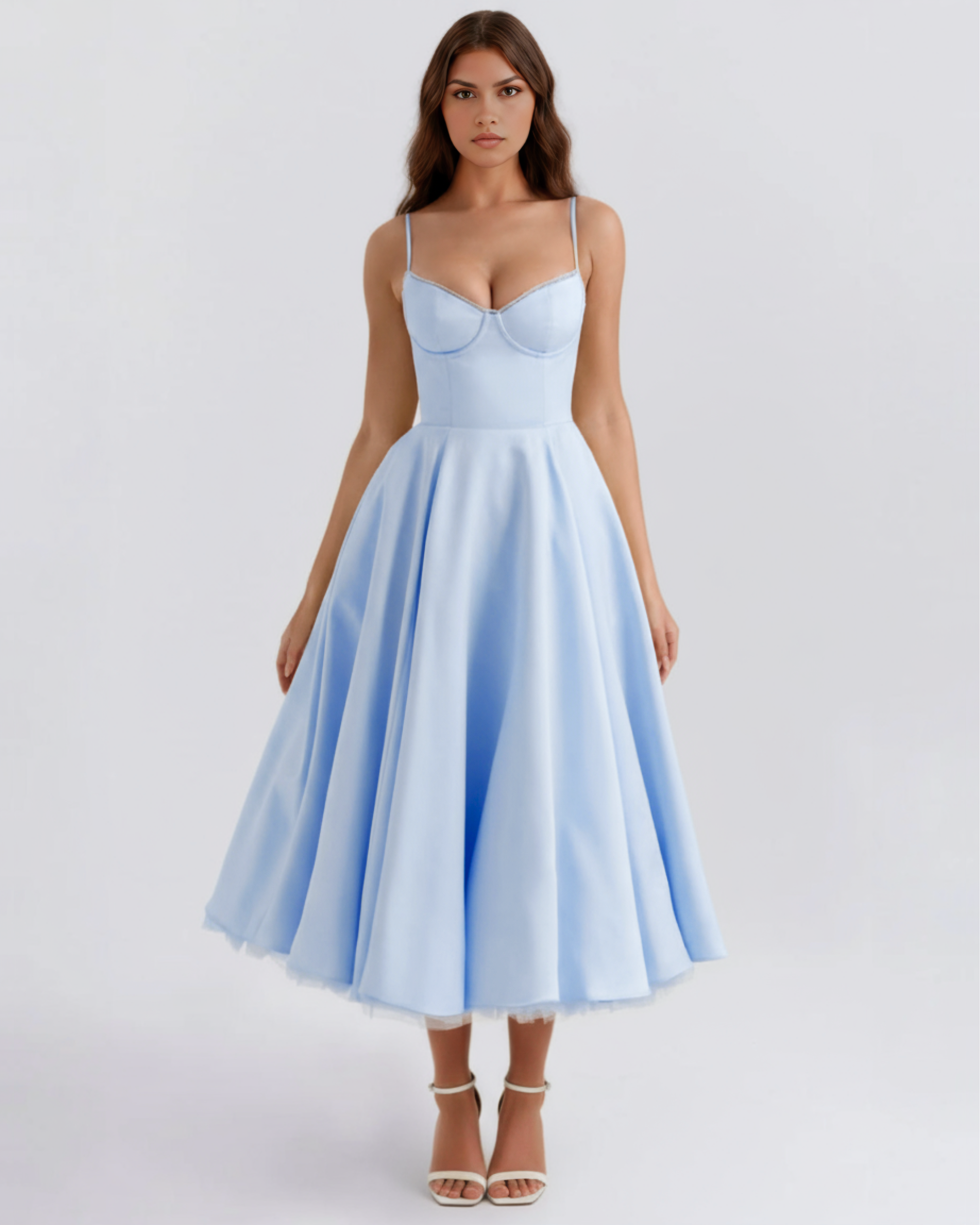 Midi Dress | Satin Feel, Boned Bodice, Weddings & Parties ICYBOO