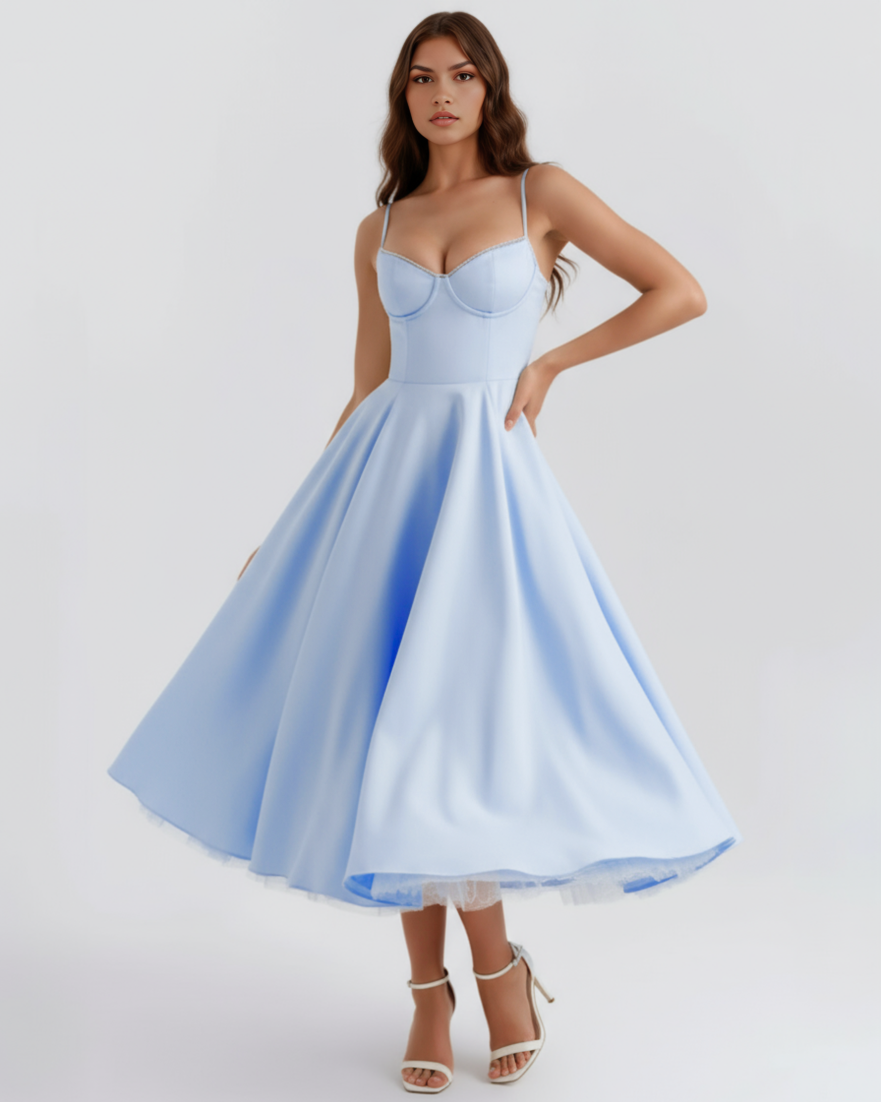 Midi Dress | Satin Feel, Boned Bodice, Weddings & Parties ICYBOO