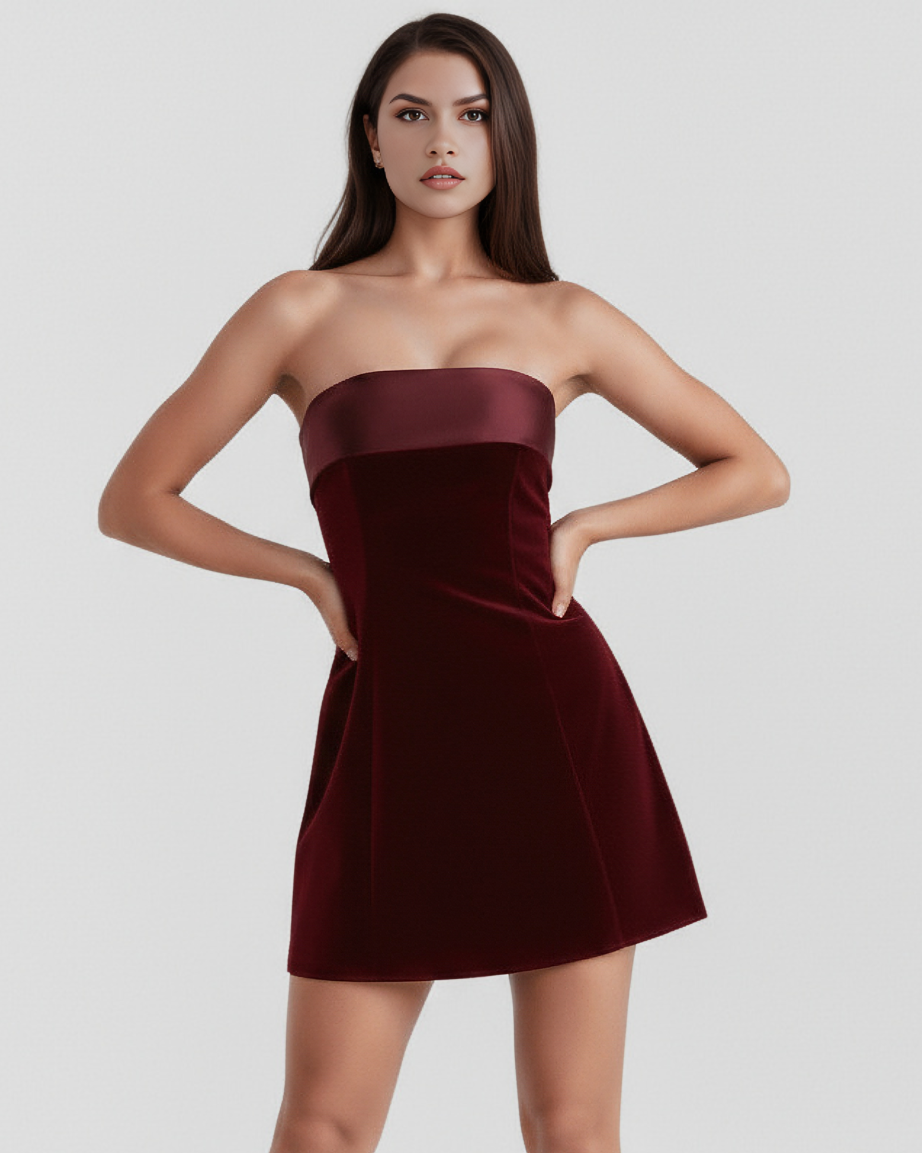 Velvet-Feel Mini Dress | Strapless Bandeau, Satin Detail, Evening Wear ICYBOO