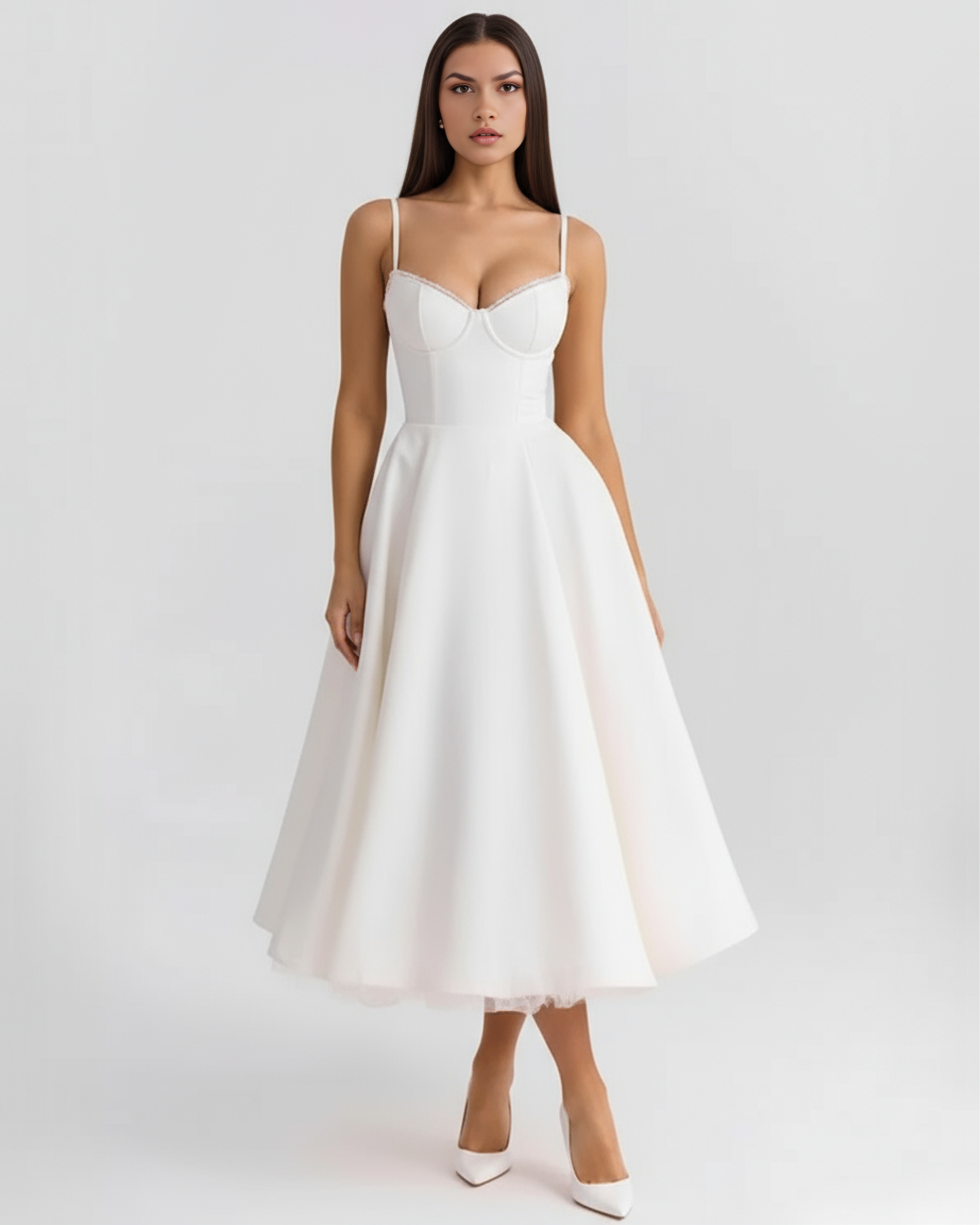Midi Dress | Satin Feel, Boned Bodice, Weddings & Parties ICYBOO