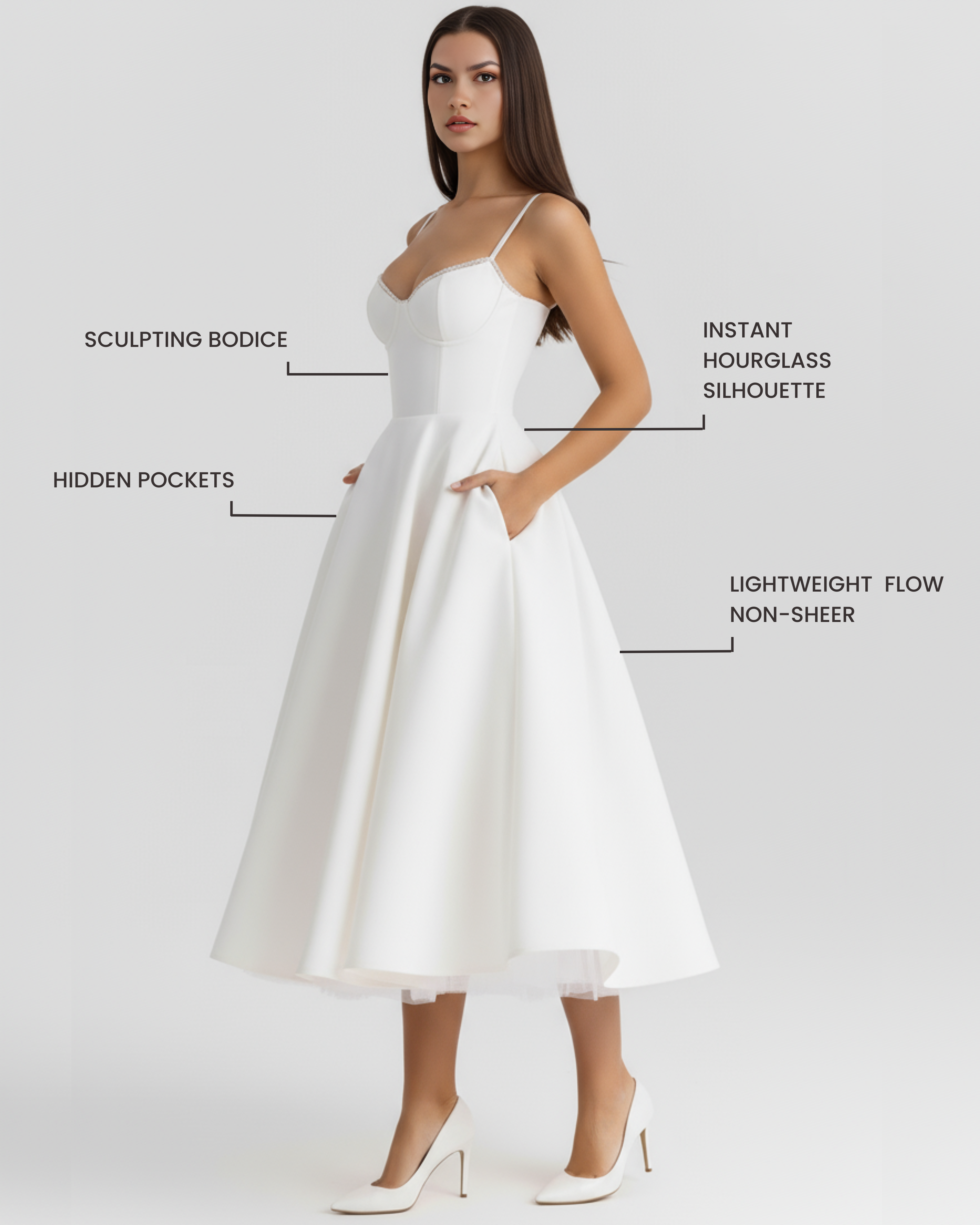 Midi Dress | Satin Feel, Boned Bodice, Weddings & Parties ICYBOO