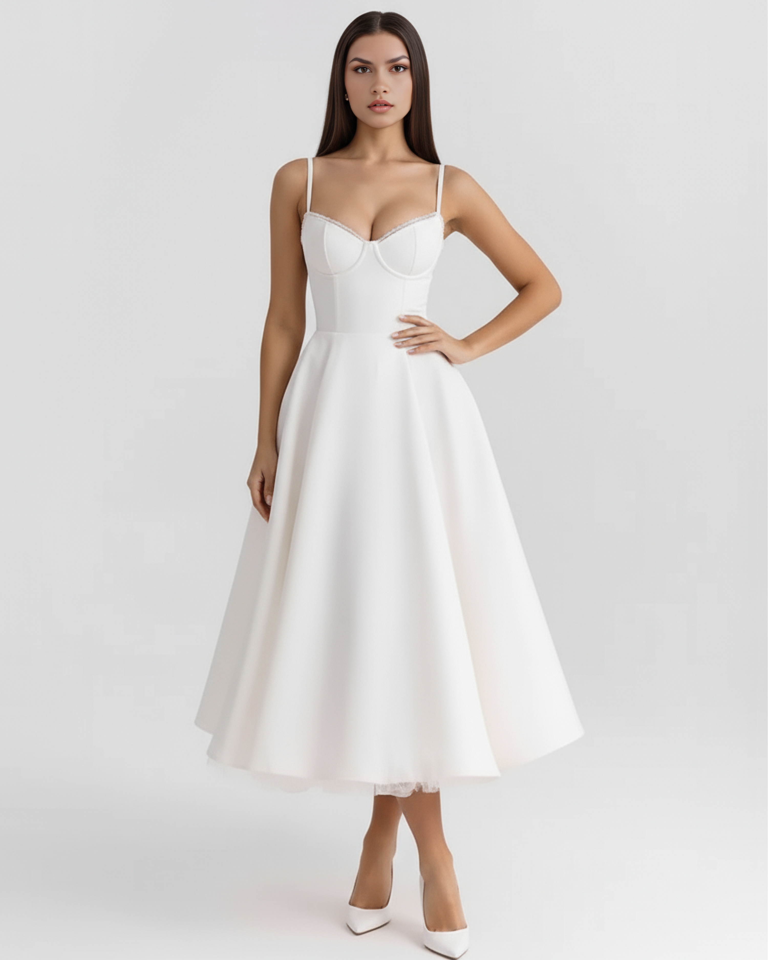 Midi Dress | Satin Feel, Boned Bodice, Weddings & Parties ICYBOO