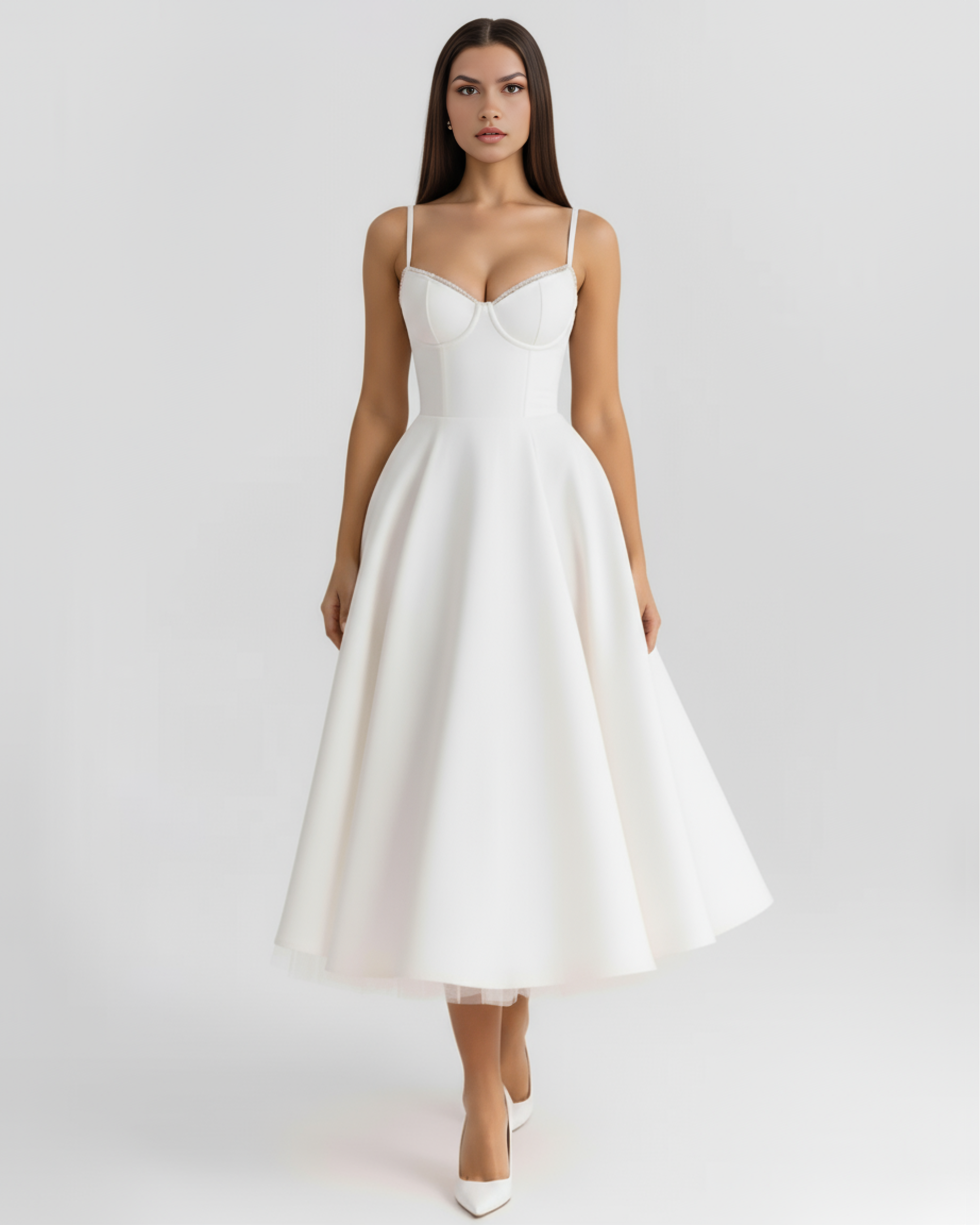 Midi Dress | Satin Feel, Boned Bodice, Weddings & Parties ICYBOO