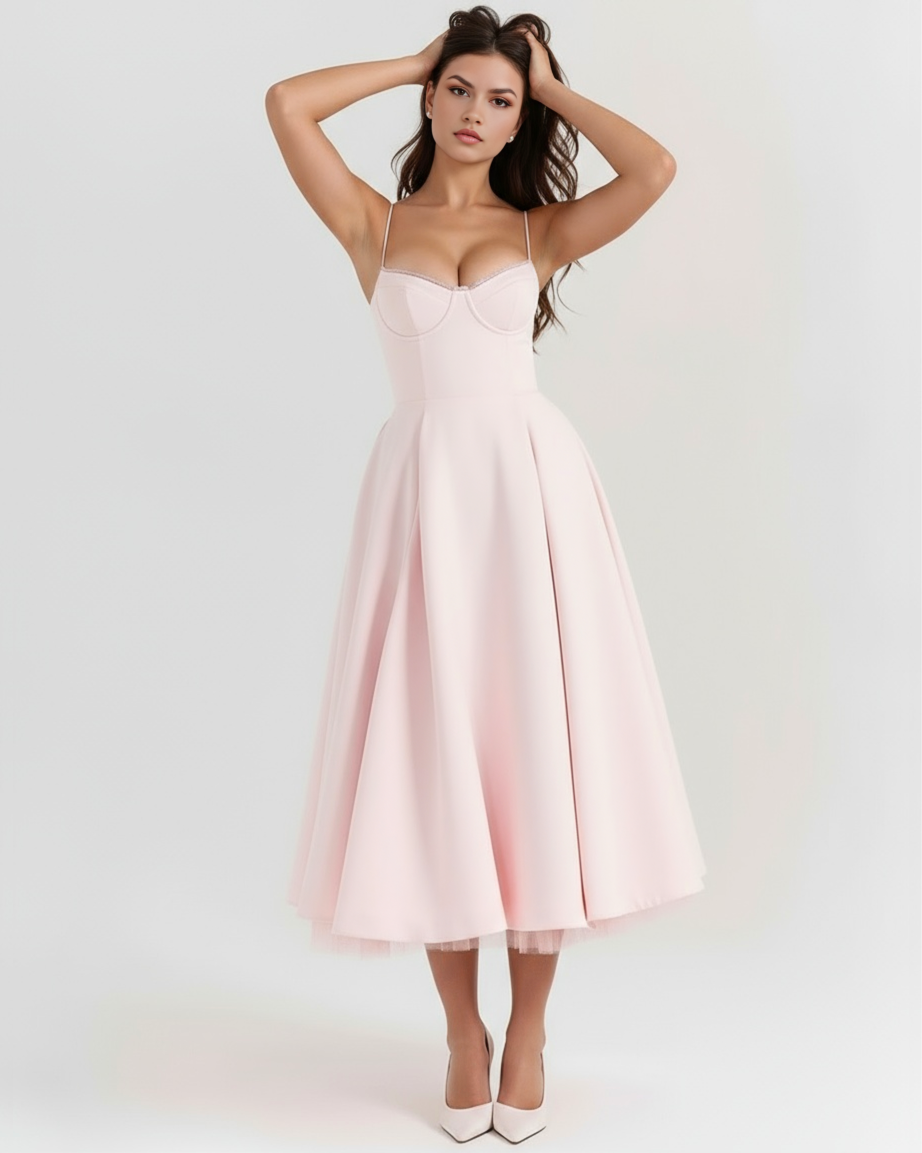 Midi Dress | Satin Feel, Boned Bodice, Weddings & Parties ICYBOO