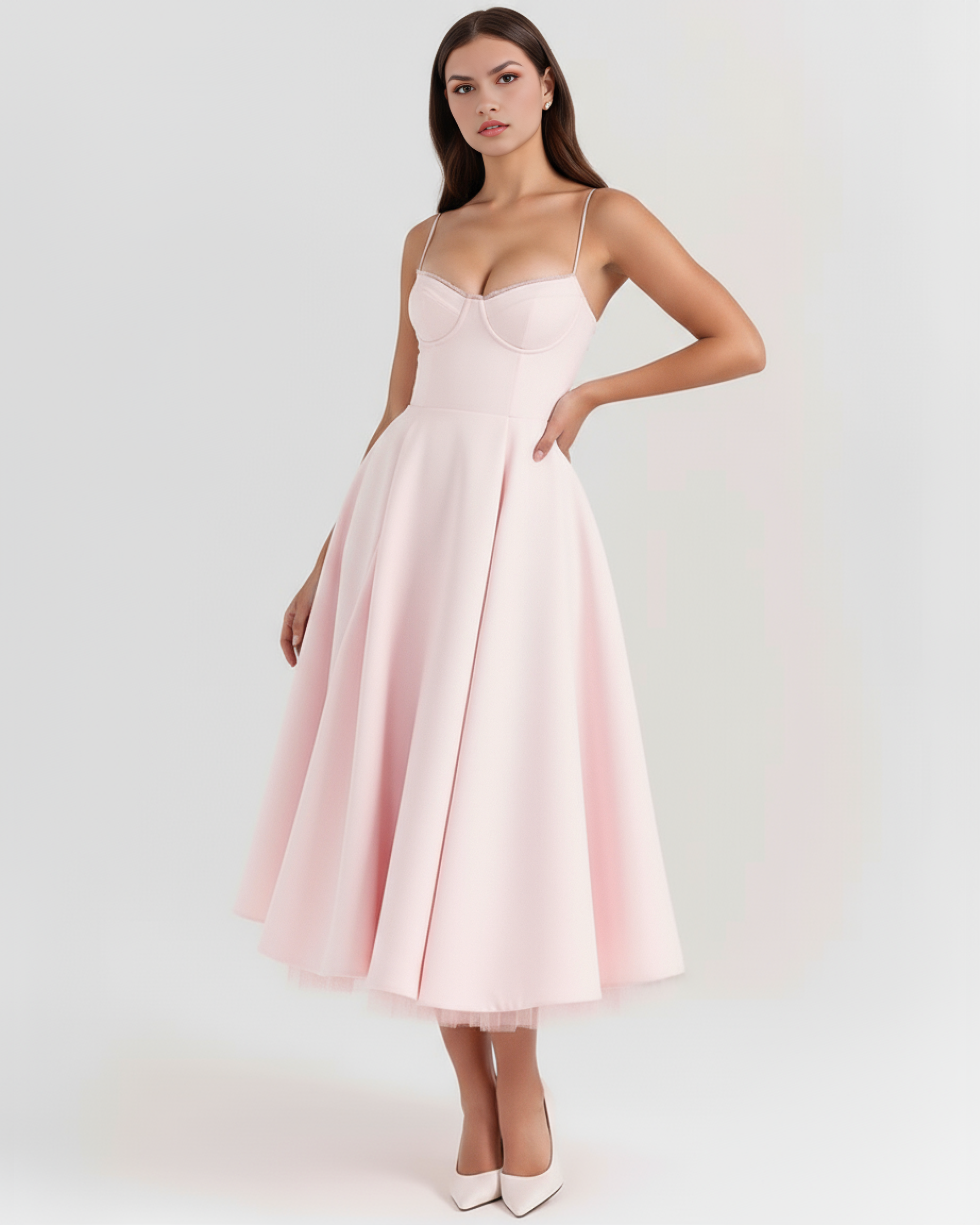 Midi Dress | Satin Feel, Boned Bodice, Weddings & Parties ICYBOO