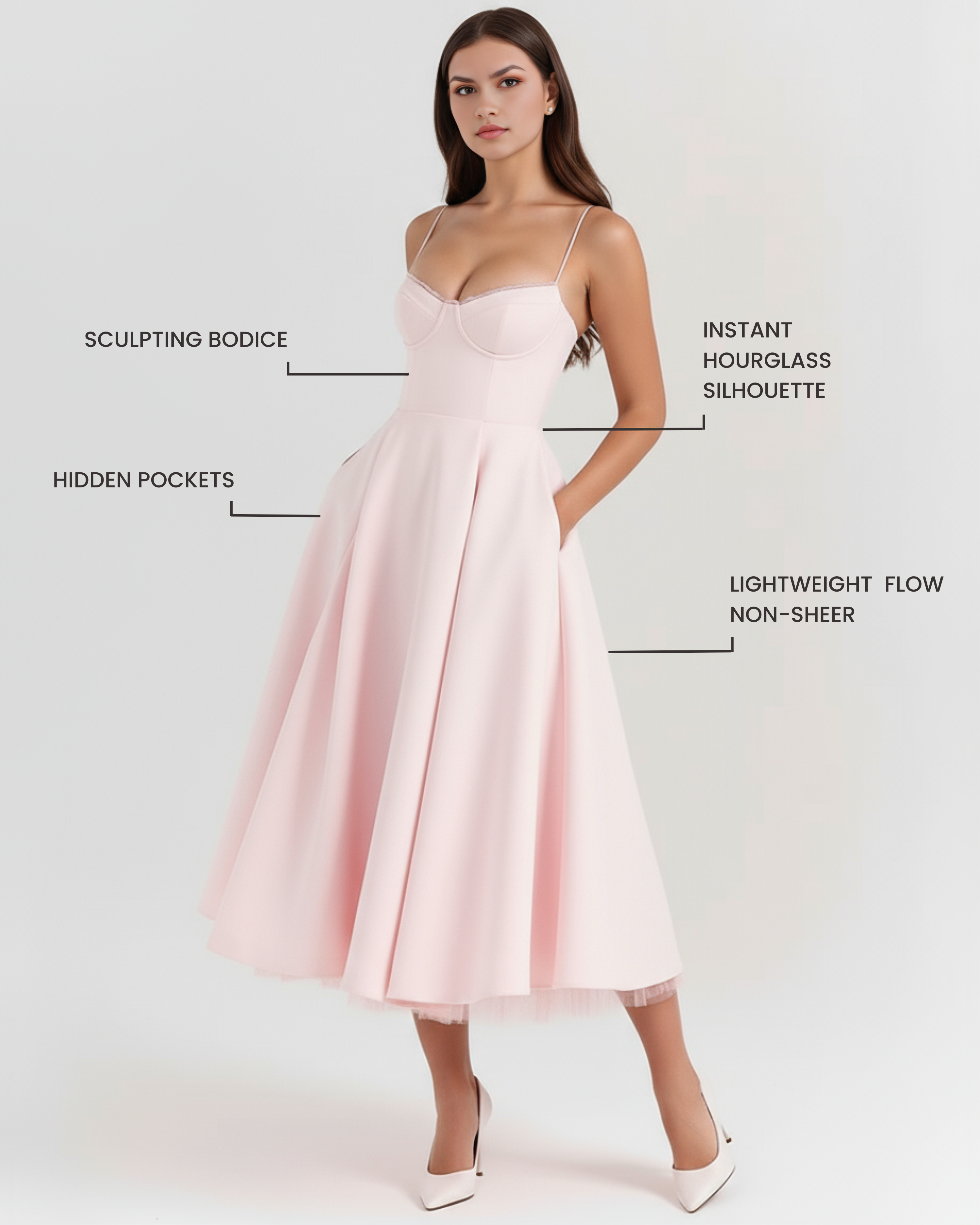 Midi Dress | Satin Feel, Boned Bodice, Weddings & Parties ICYBOO