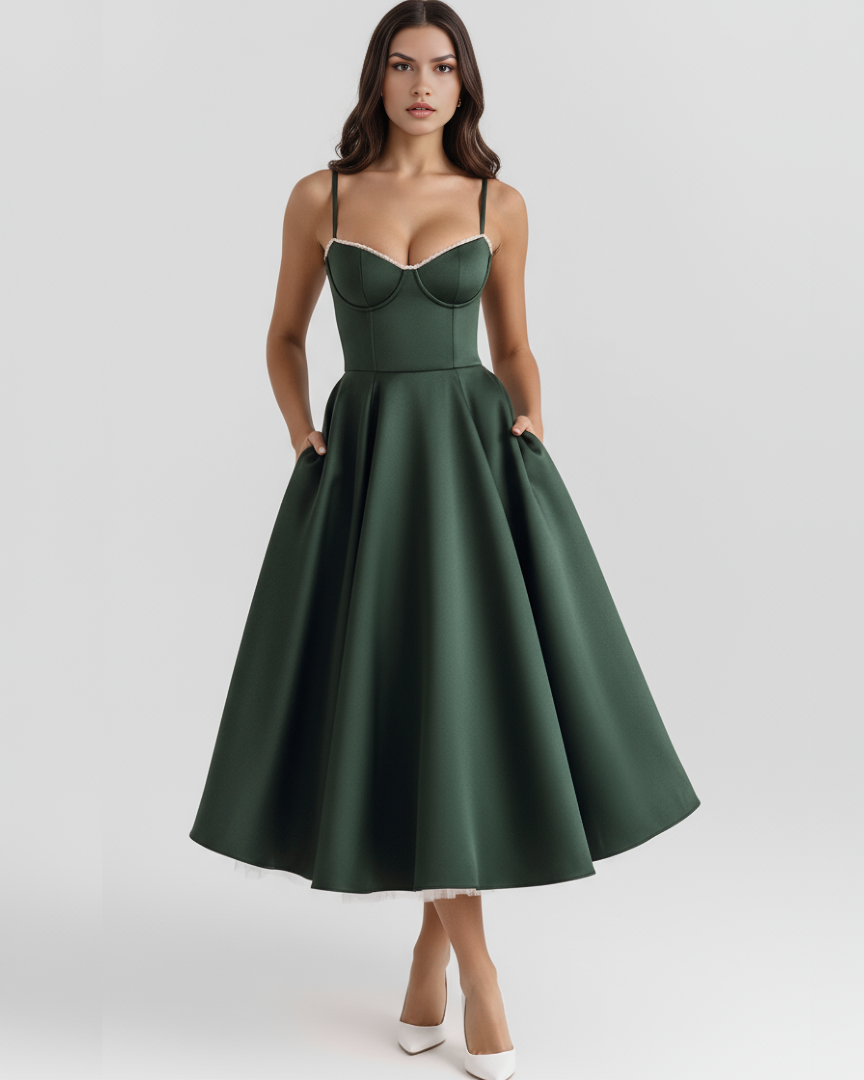 Midi Dress | Satin Feel, Boned Bodice, Weddings & Parties ICYBOO