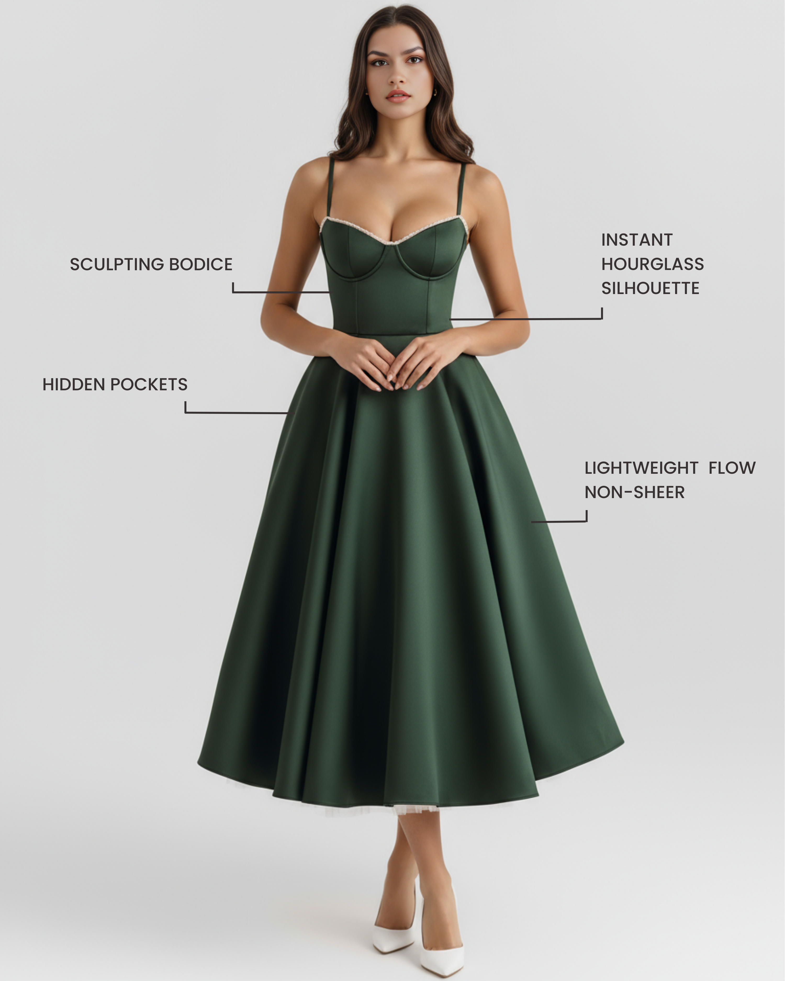 Midi Dress | Satin Feel, Boned Bodice, Weddings & Parties ICYBOO